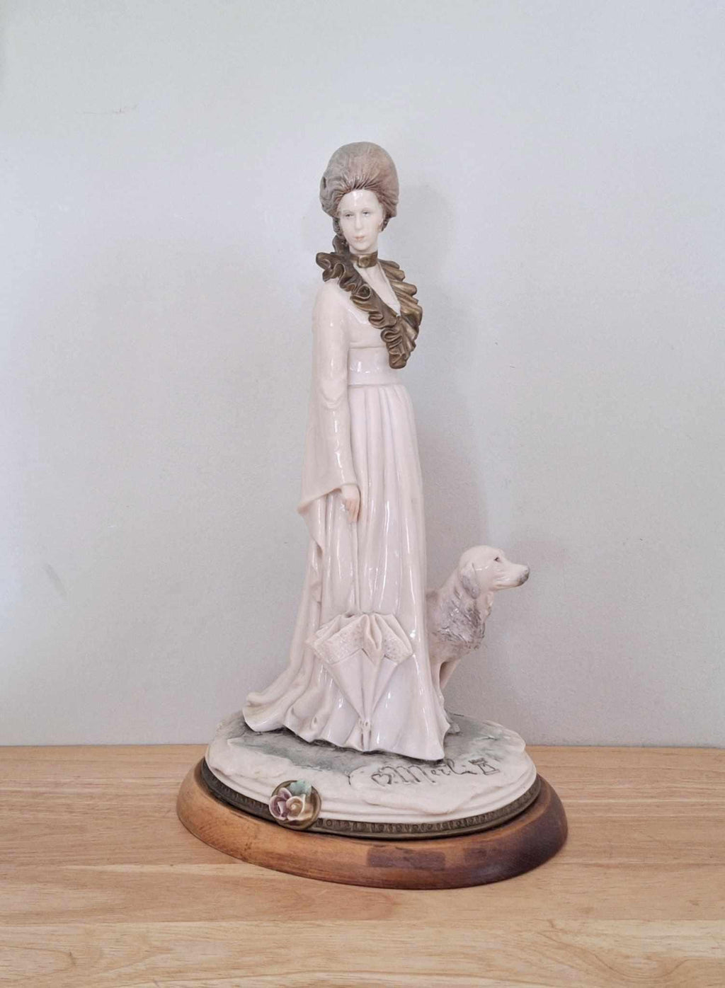 Vintage B. Merli Lady Figurine with Dog  Capodimonte Style Resin & Porcelain Mix  Signed, Elegant 18th Century Style  13" Tall
