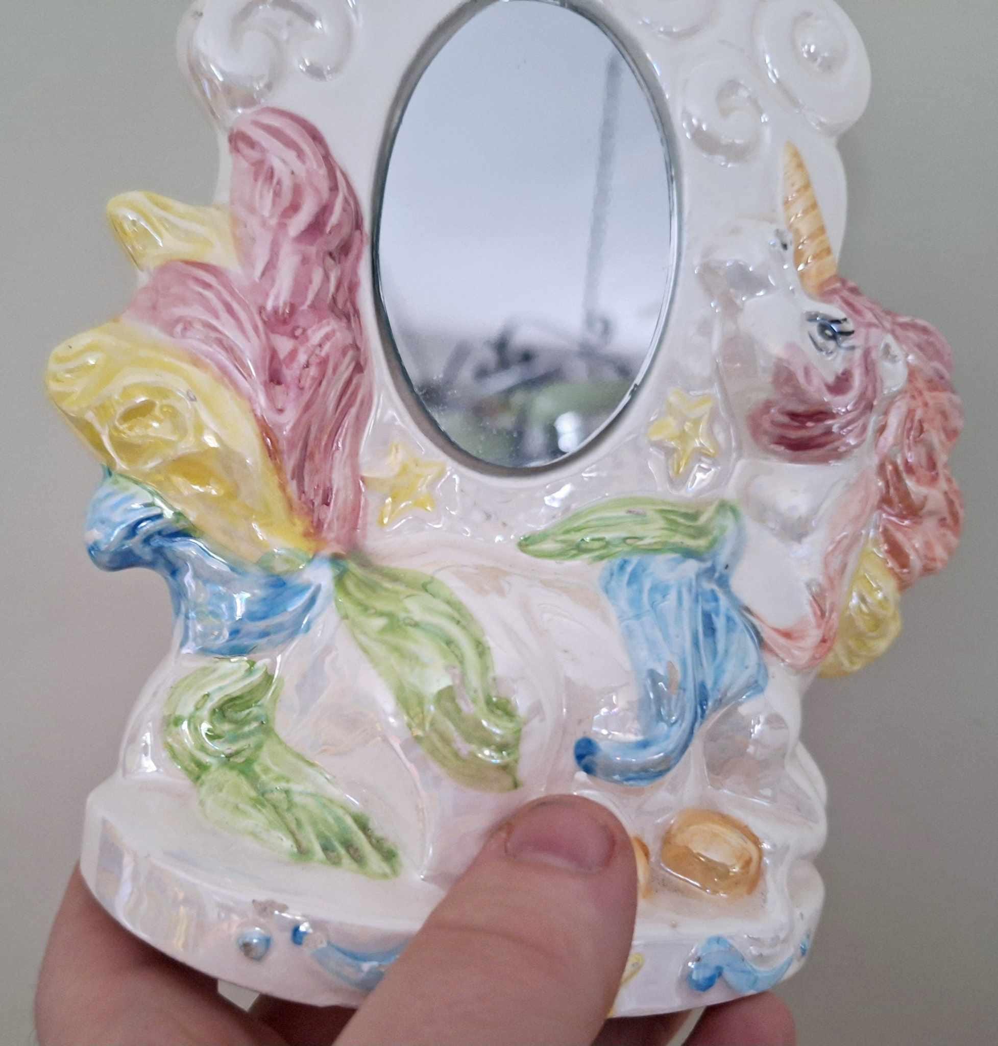Vintage Iridescent Ceramic Unicorn Mirror  Hand-Painted Pastel Rainbow  Kitsch Decor  1980s/90s Style Fantasy Gift