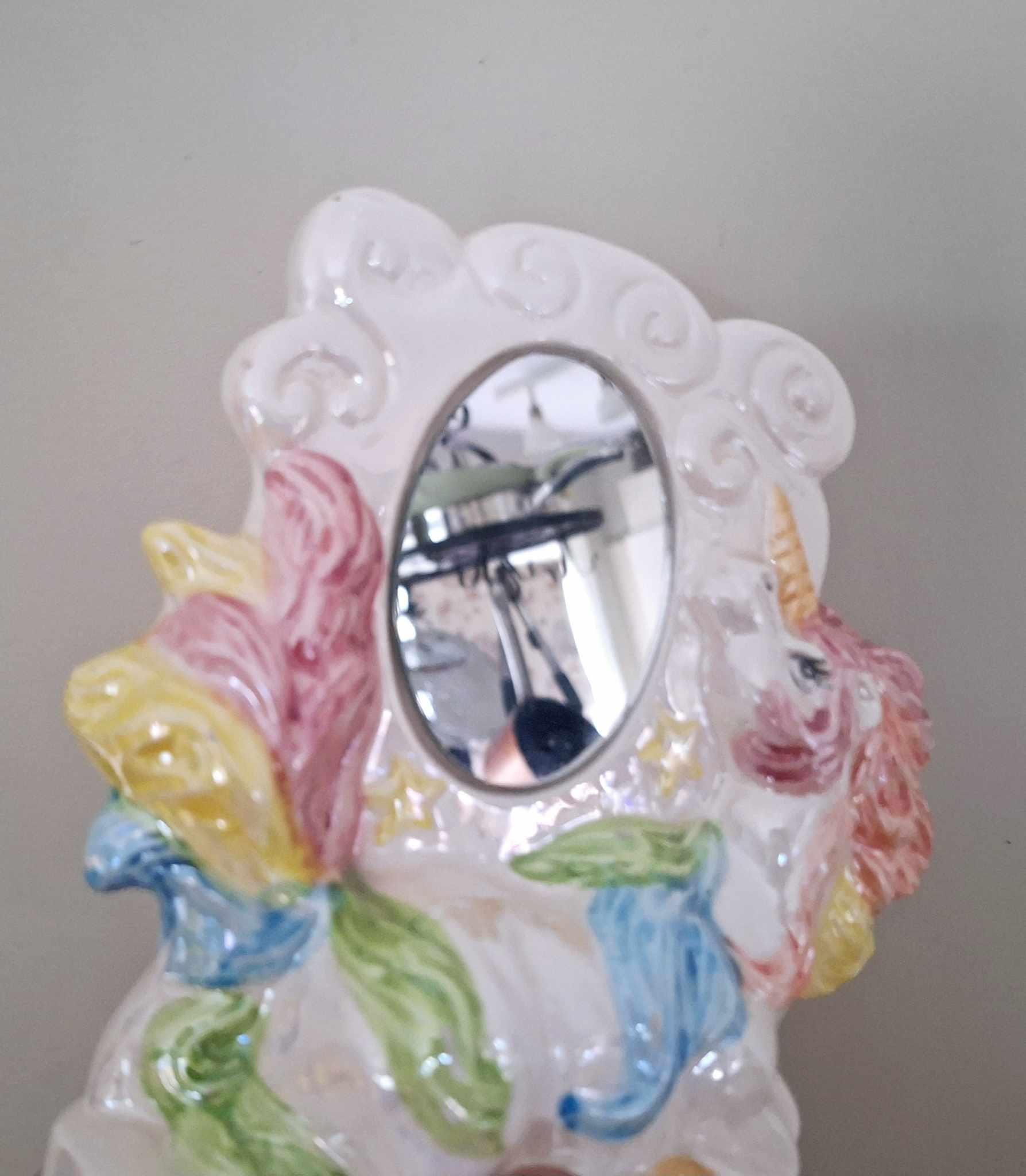 Vintage Iridescent Ceramic Unicorn Mirror  Hand-Painted Pastel Rainbow  Kitsch Decor  1980s/90s Style Fantasy Gift