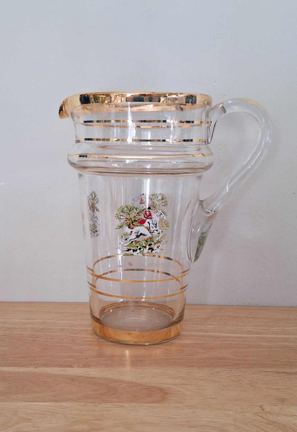 Vintage Glass Jug with Gold Rim and Fox Hunting Scene  Clear Glass Pitcher with Handle, Traditional British Country Style, 1L