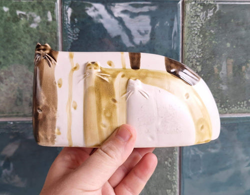 Handmade Ceramic Cat Dish with Embossed Whiskered Cats  Brown & Ochre Striped Glazed Pottery Tray  Quirky Animal Decor Gift