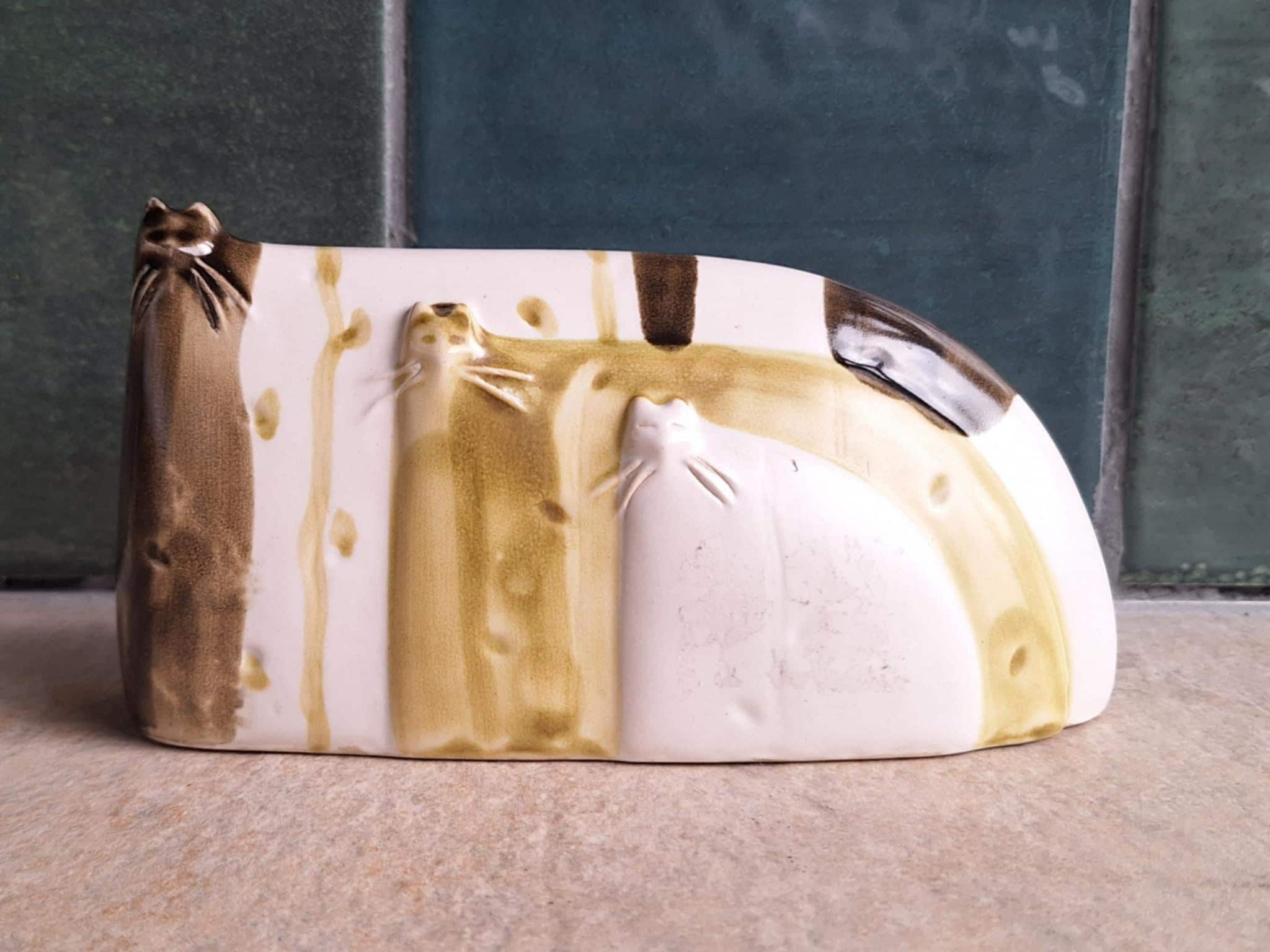 Handmade Ceramic Cat Dish with Embossed Whiskered Cats  Brown & Ochre Striped Glazed Pottery Tray  Quirky Animal Decor Gift