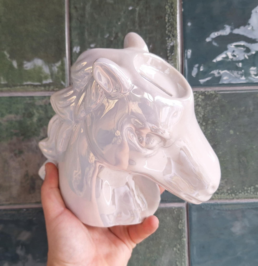 Iridescent Ceramic Horse Head Money Box  Glossy White Piggy Bank, Equestrian Decor, Horse Lover Gift, Unique Coin Bank