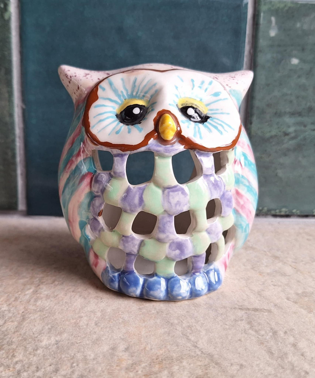 Colourful Ceramic Owl Tealight Holder  Cut-Out Design, Hand-Painted Pastel Owl Candle Holder