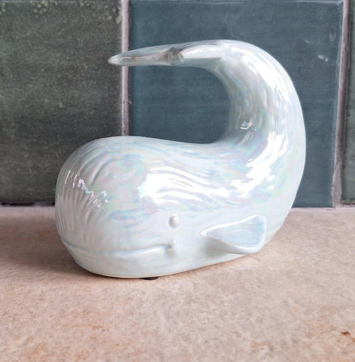 Iridescent Ceramic Whale Ornament  Glossy Coastal Bathroom Decor, Ocean-Themed Figurine, Pastel Glaze, Modern Shelf Accent