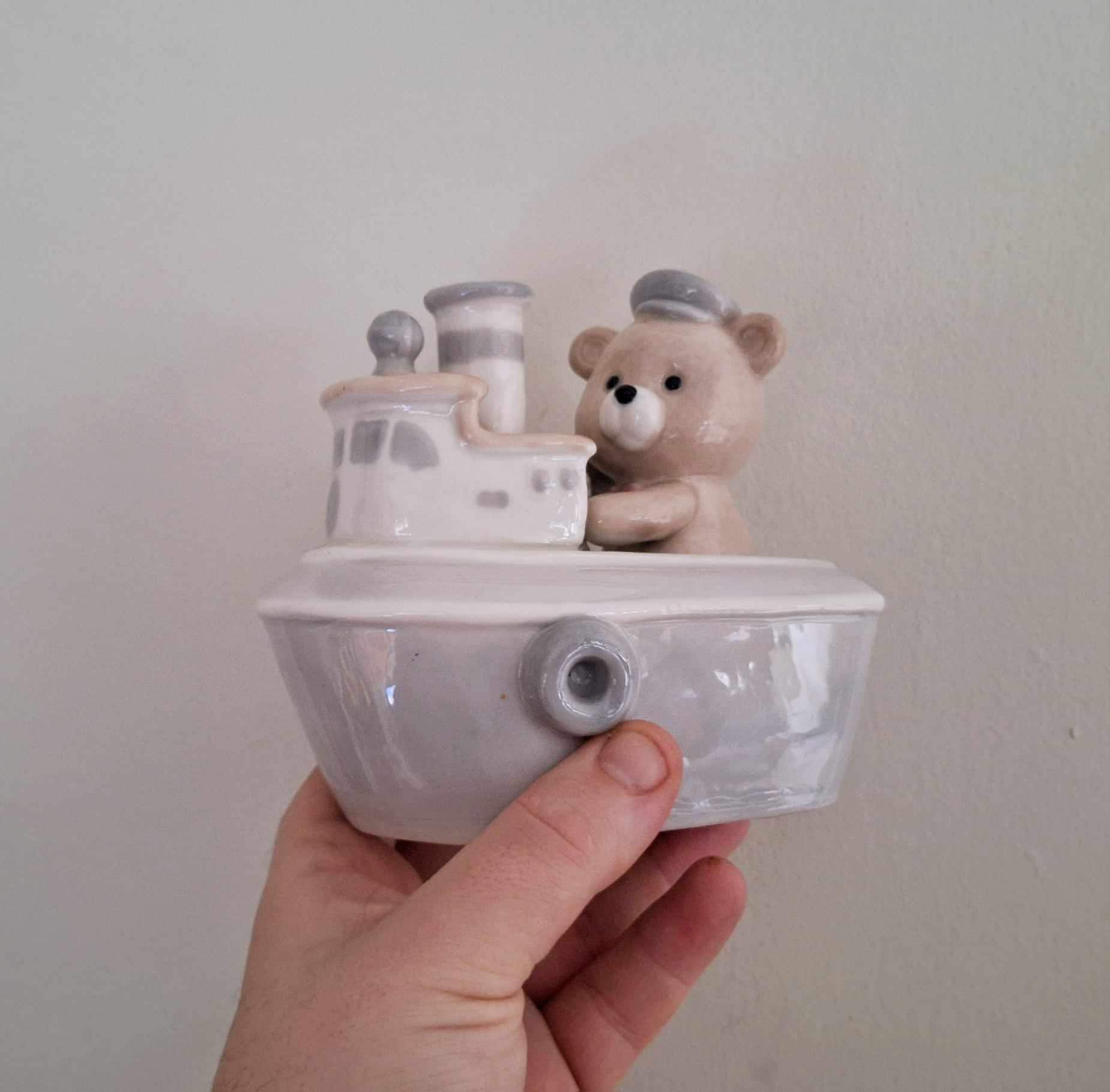 Ceramic Bear Tugboat Money Box, Nautical Nursery Piggy Bank, Cute Baby Shower Gift, Kids Room Decor, Vintage-Style Coin Bank Collectible