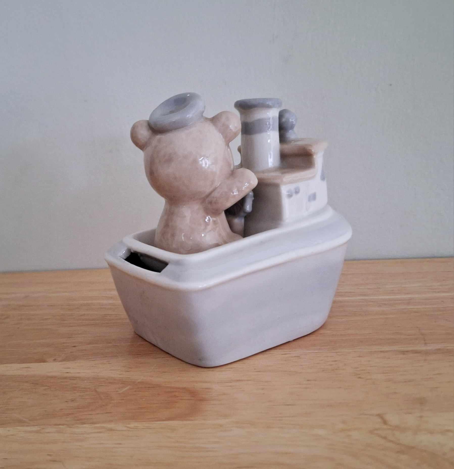 Ceramic Bear Tugboat Money Box, Nautical Nursery Piggy Bank, Cute Baby Shower Gift, Kids Room Decor, Vintage-Style Coin Bank Collectible