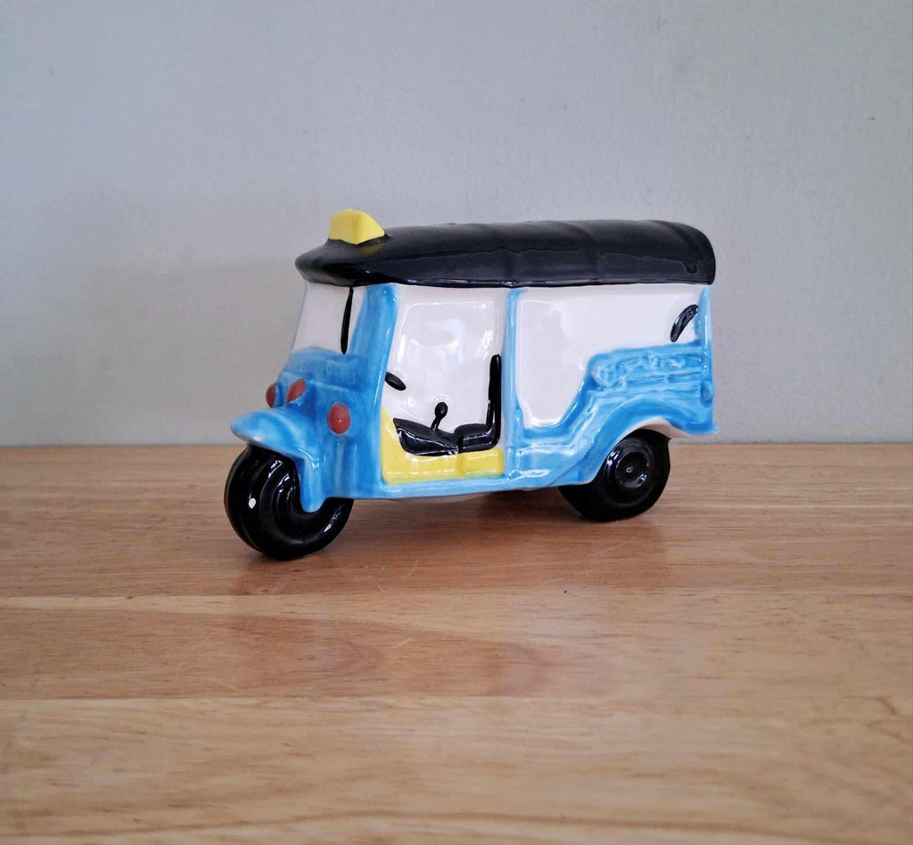 Ceramic Tuk Tuk Rickshaw Money Box | Blue Yellow Taxi Trinket Bank | Cute Travel Decor Gift Handmade Coin Piggy Bank India Style