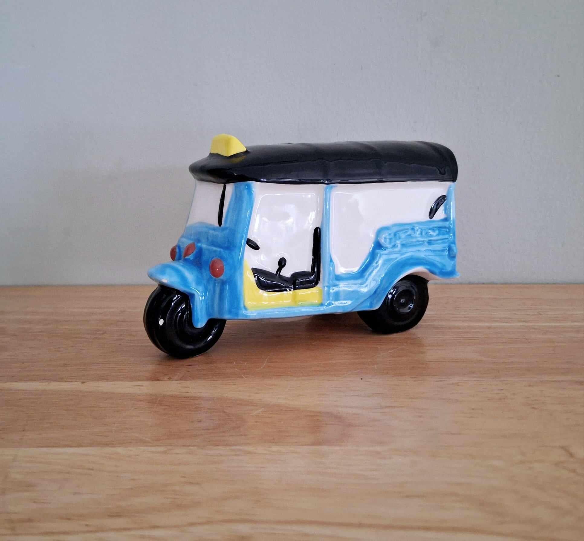 Ceramic Tuk Tuk Rickshaw Money Box | Blue Yellow Taxi Trinket Bank | Cute Travel Decor Gift Handmade Coin Piggy Bank India Style