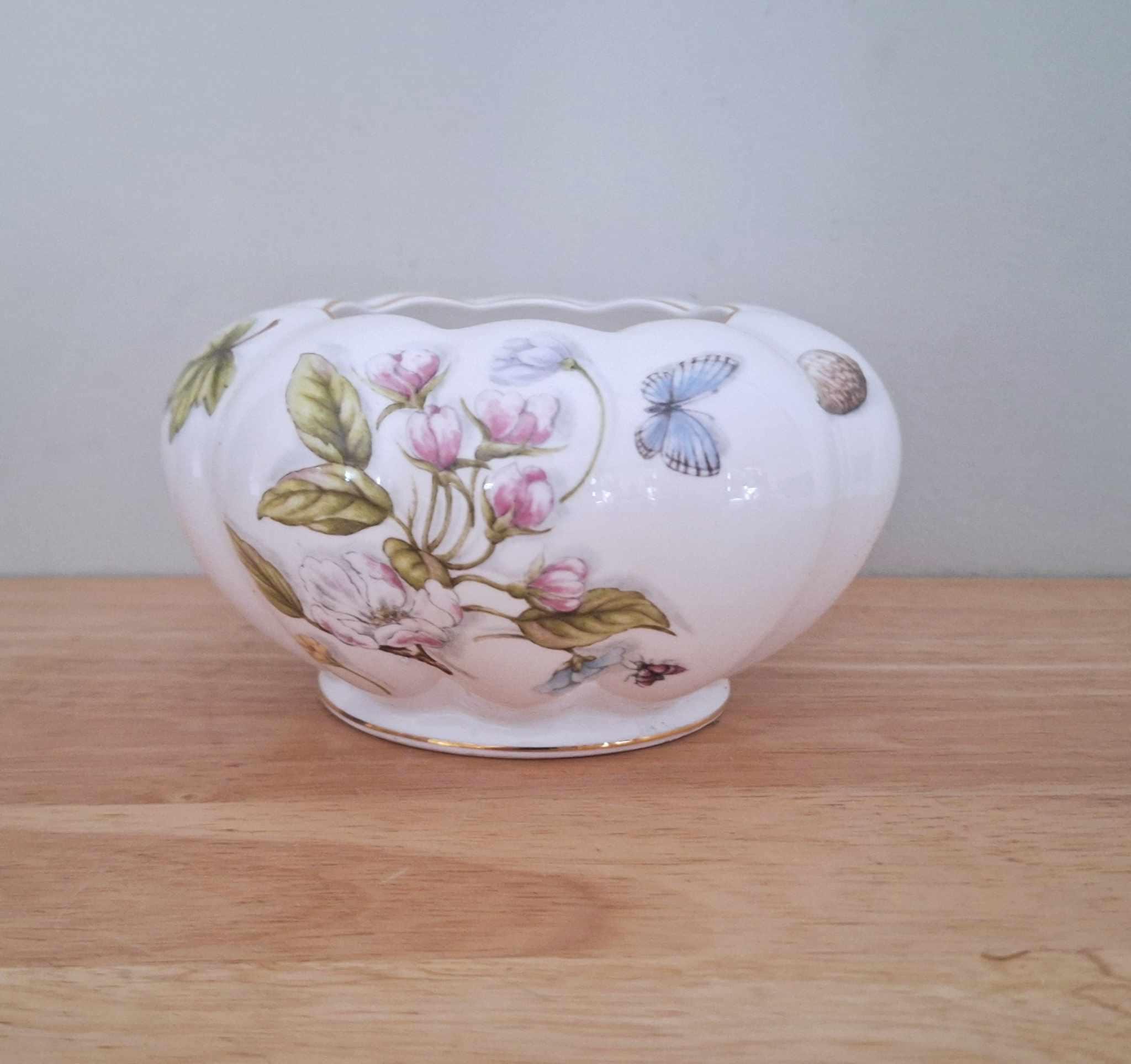 Aynsley Natures Delights Flower Bowl | Vintage Fine Bone China | Butterfly Floral Vase | England | Gift or Home Decor