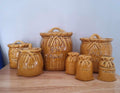 Vintage Ceramic Sack Canister Set  Flour Sugar Tea Coffee Salt Pepper Mustard  Retro Farmhouse Kitchen Jars 70s Style