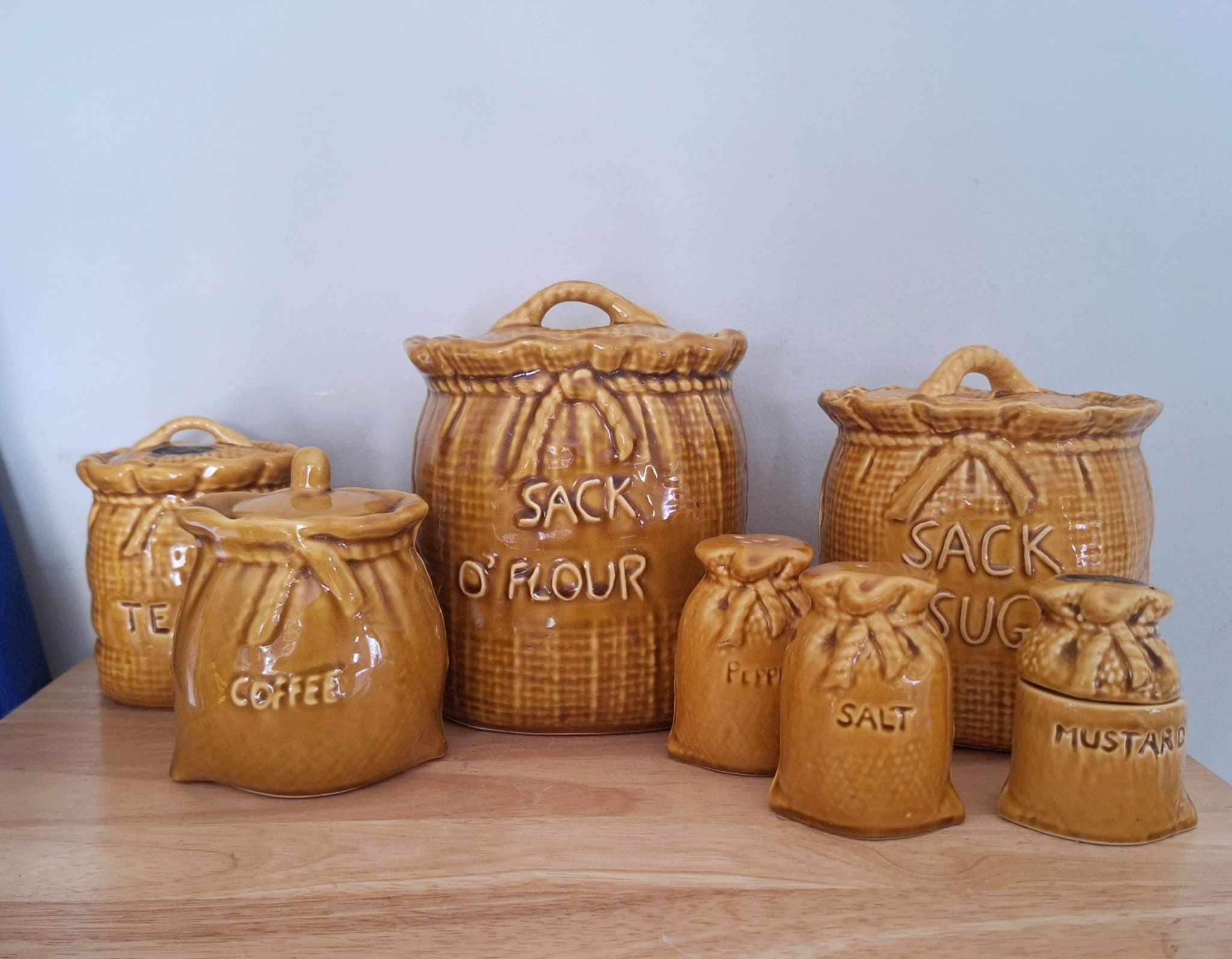 Vintage Ceramic Sack Canister Set  Flour Sugar Tea Coffee Salt Pepper Mustard  Retro Farmhouse Kitchen Jars 70s Style