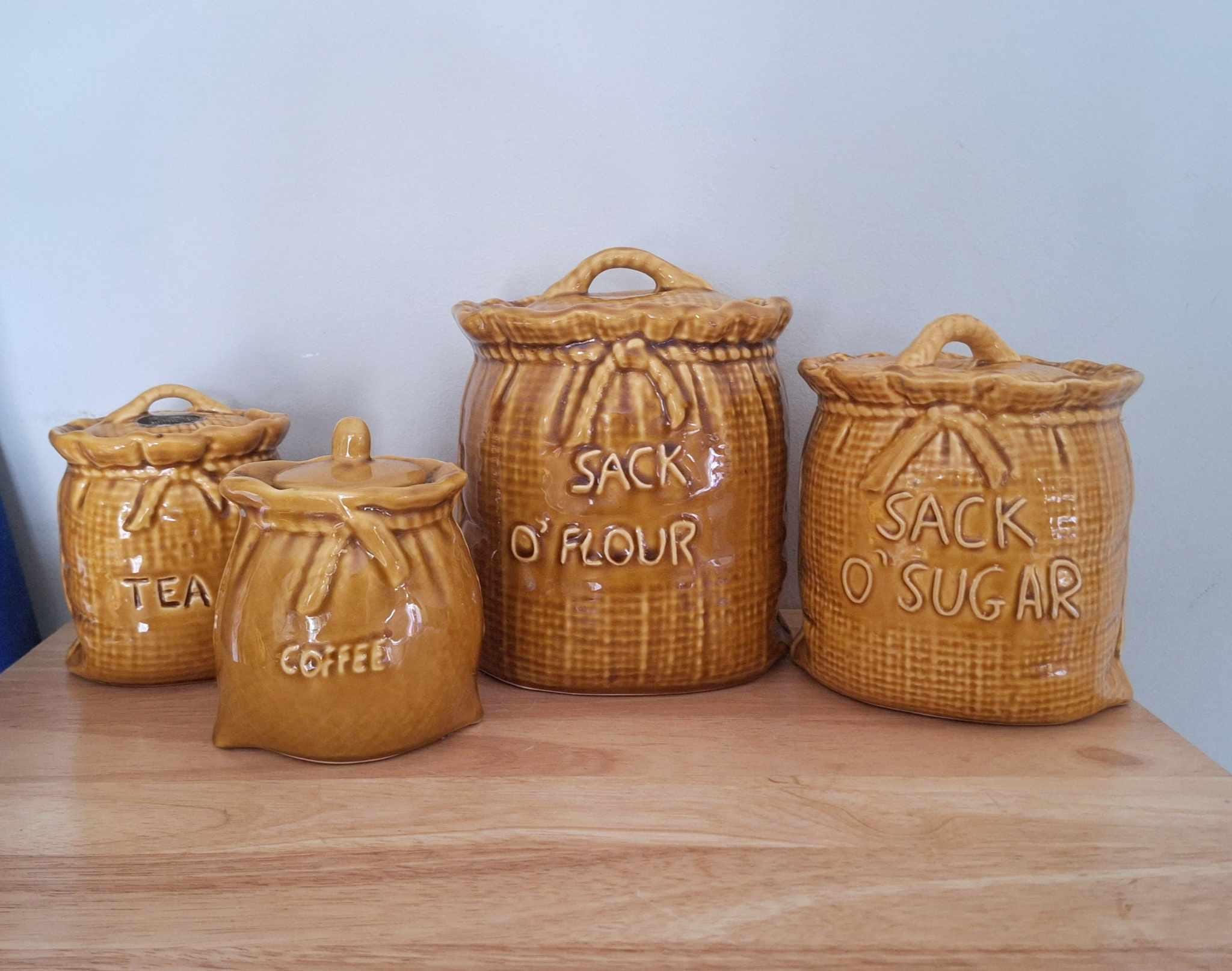 Vintage Ceramic Sack Canister Set  Flour Sugar Tea Coffee Salt Pepper Mustard  Retro Farmhouse Kitchen Jars 70s Style