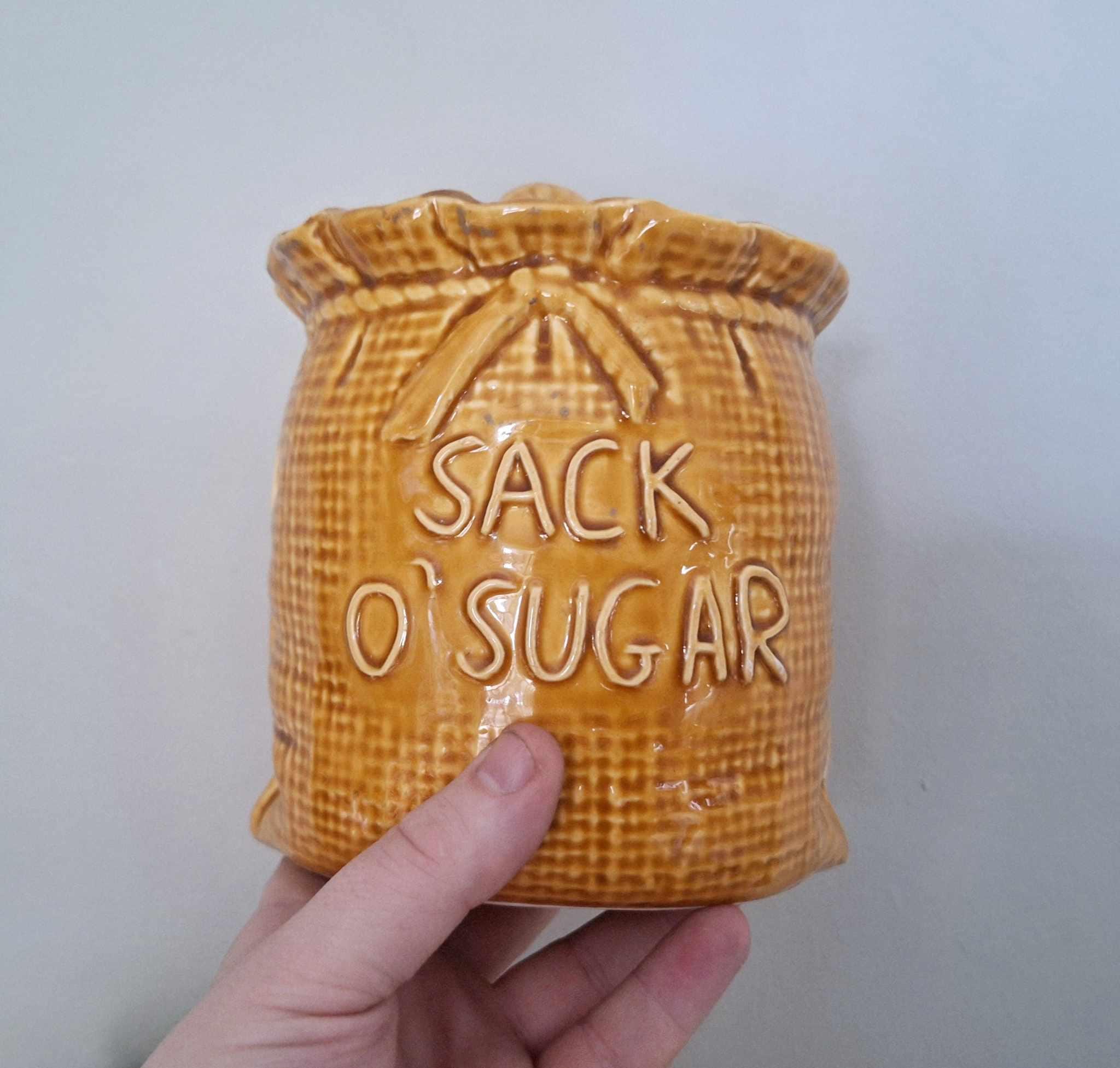 Vintage Ceramic Sack Canister Set  Flour Sugar Tea Coffee Salt Pepper Mustard  Retro Farmhouse Kitchen Jars 70s Style
