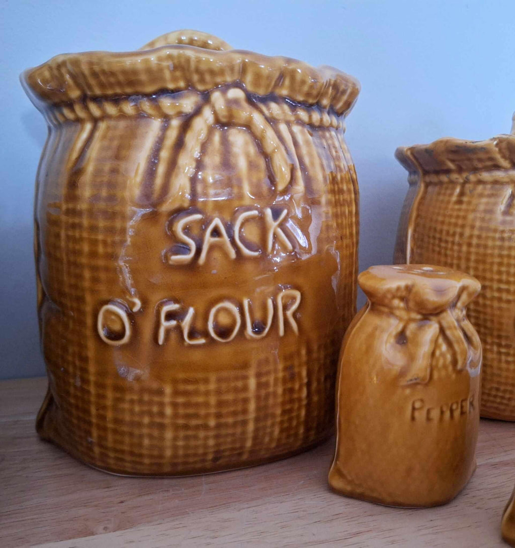 Vintage Ceramic Sack Canister Set  Flour Sugar Tea Coffee Salt Pepper Mustard  Retro Farmhouse Kitchen Jars 70s Style