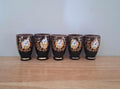 Vintage Bohemian Shot Glasses Set of 5  Gold Floral Overlay, Hand Painted 3D Enamel, Czech Style Liqueur Glasses