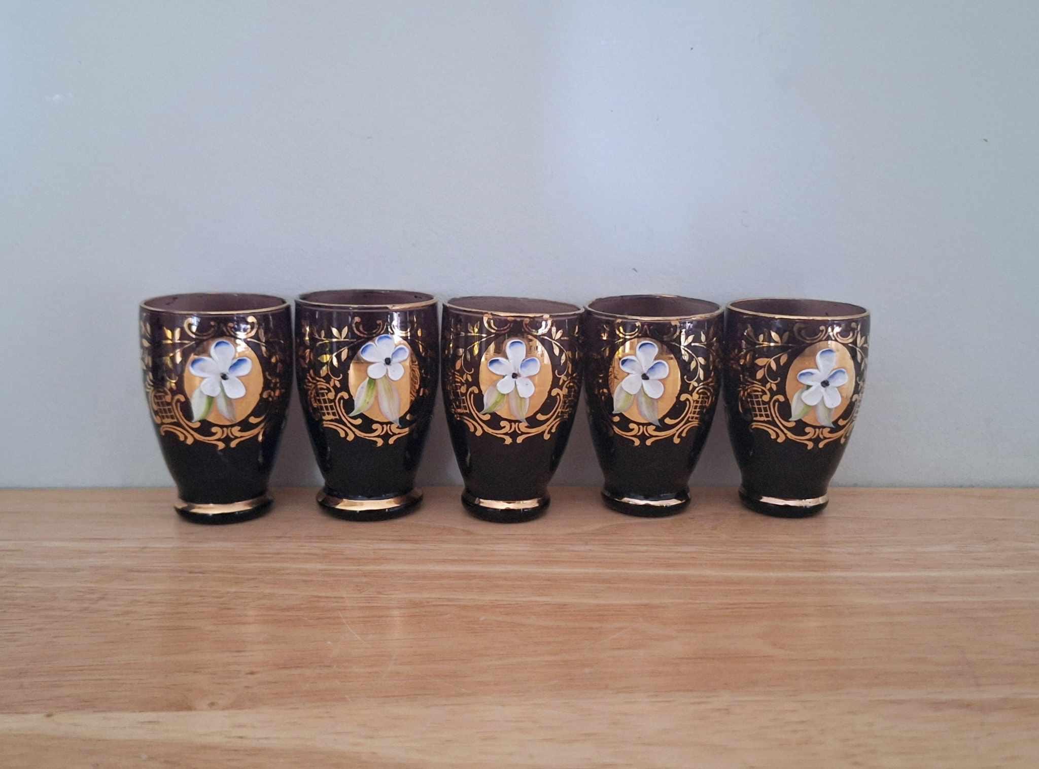 Vintage Bohemian Shot Glasses Set of 5  Gold Floral Overlay, Hand Painted 3D Enamel, Czech Style Liqueur Glasses