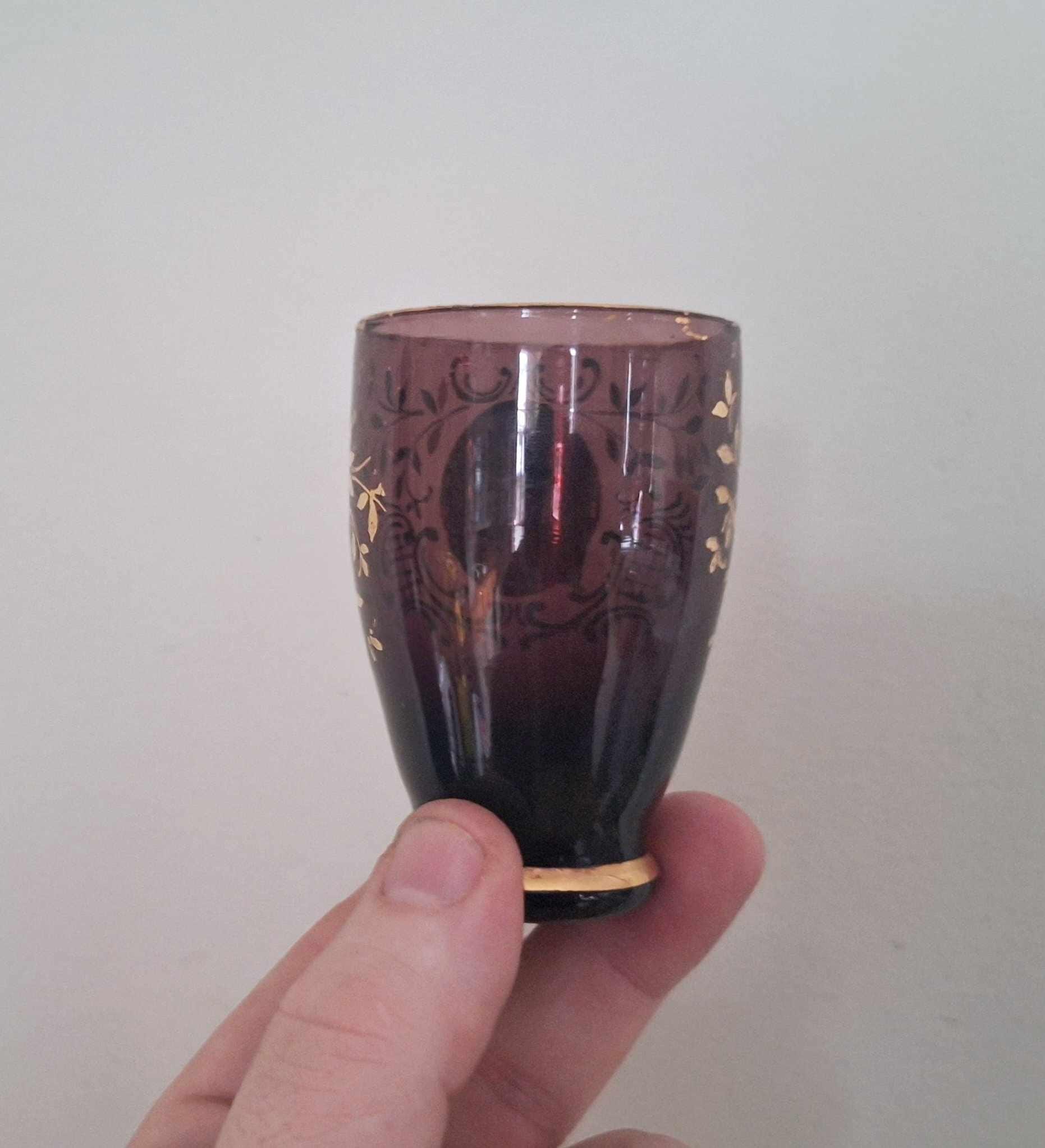 Vintage Bohemian Shot Glasses Set of 5  Gold Floral Overlay, Hand Painted 3D Enamel, Czech Style Liqueur Glasses