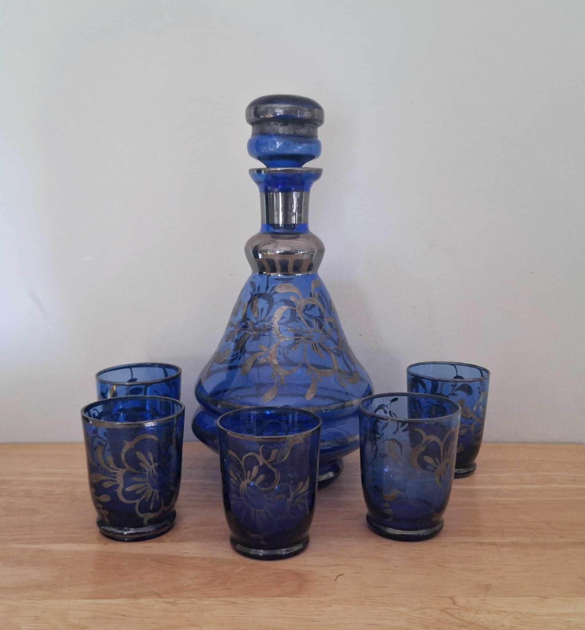 Vintage Cobalt Blue Glass Decanter & 5 Tumblers Set with Silver Floral Design | Mid Century Barware | Retro Drinks Set | Gift for Him/Her