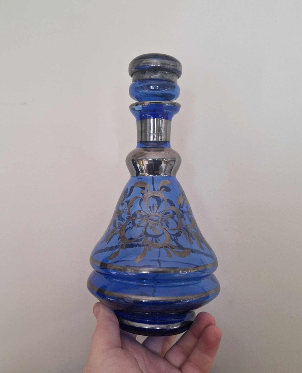 Vintage Cobalt Blue Glass Decanter & 5 Tumblers Set with Silver Floral Design | Mid Century Barware | Retro Drinks Set | Gift for Him/Her