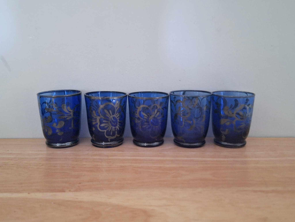 Vintage Cobalt Blue Glass Decanter & 5 Tumblers Set with Silver Floral Design | Mid Century Barware | Retro Drinks Set | Gift for Him/Her