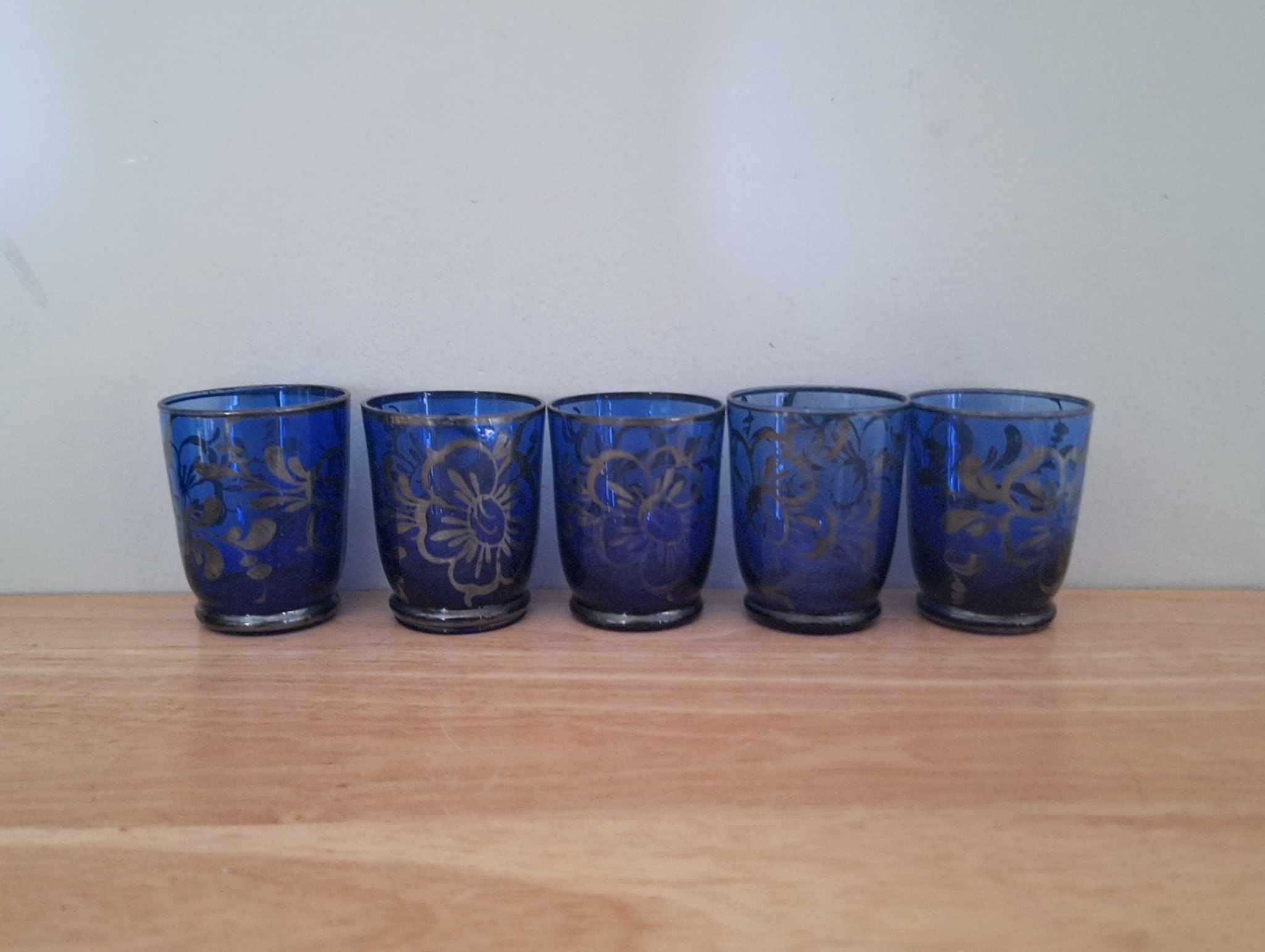 Vintage Cobalt Blue Glass Decanter & 5 Tumblers Set with Silver Floral Design | Mid Century Barware | Retro Drinks Set | Gift for Him/Her
