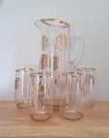 Vintage Mid-Century Glass Pitcher & Tumbler Set | 1950s-60s Gold Leaf Print | Retro Barware | 6-Piece Drinkware Set