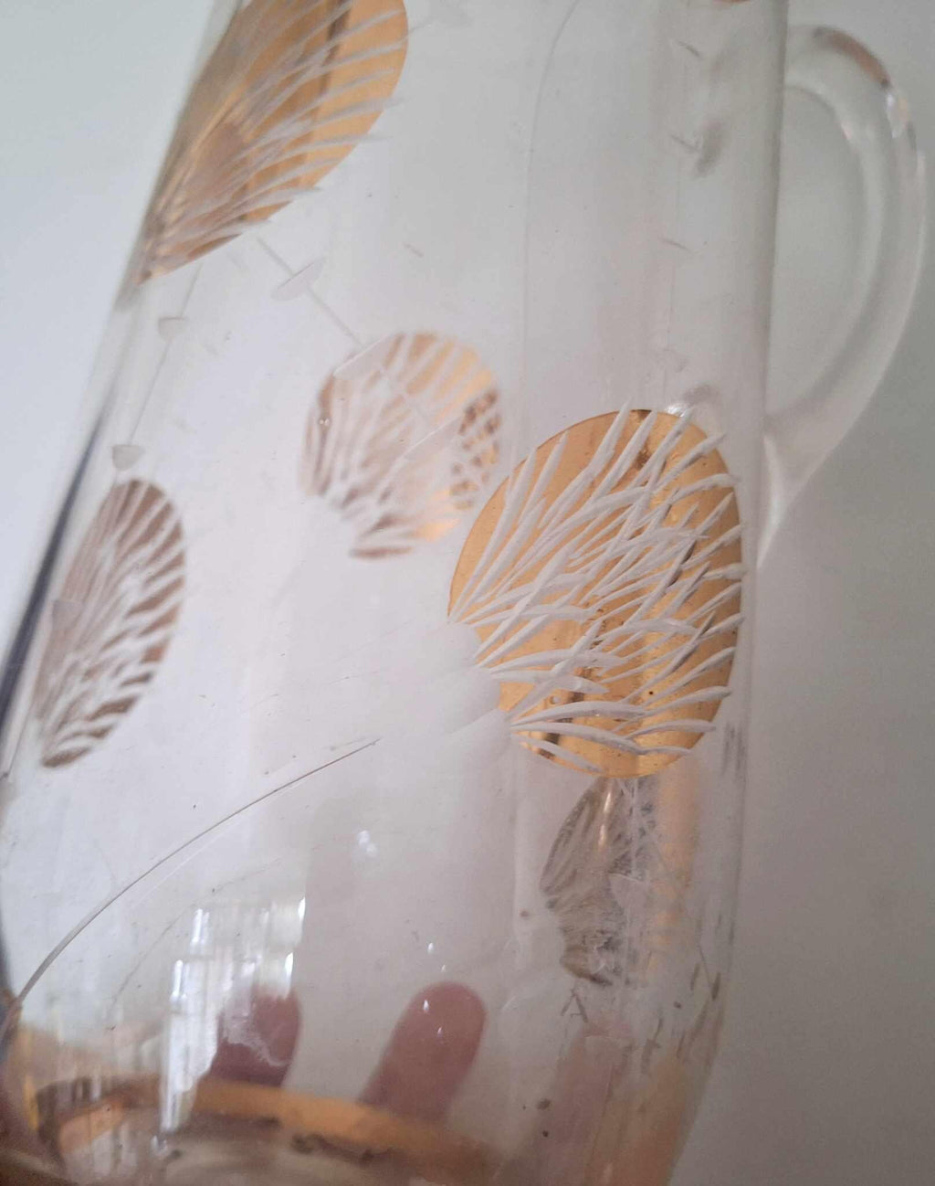 Vintage Mid-Century Glass Pitcher & Tumbler Set | 1950s-60s Gold Leaf Print | Retro Barware | 6-Piece Drinkware Set