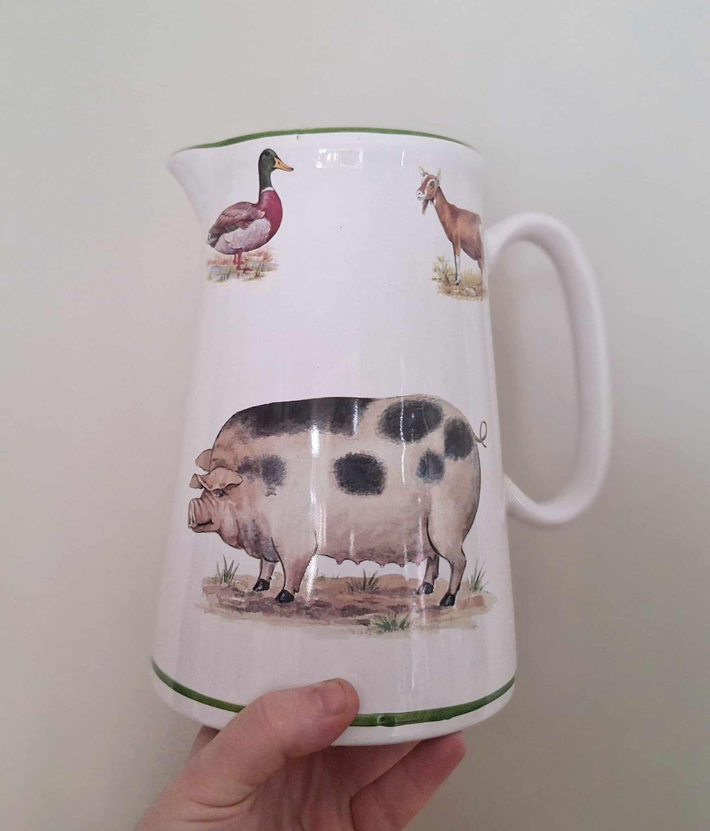 Large Farm Animal Jug with Pig, Duck & Goat Illustration  Rustic Country Kitchenware, Vintage-Style Ceramic Pitcher