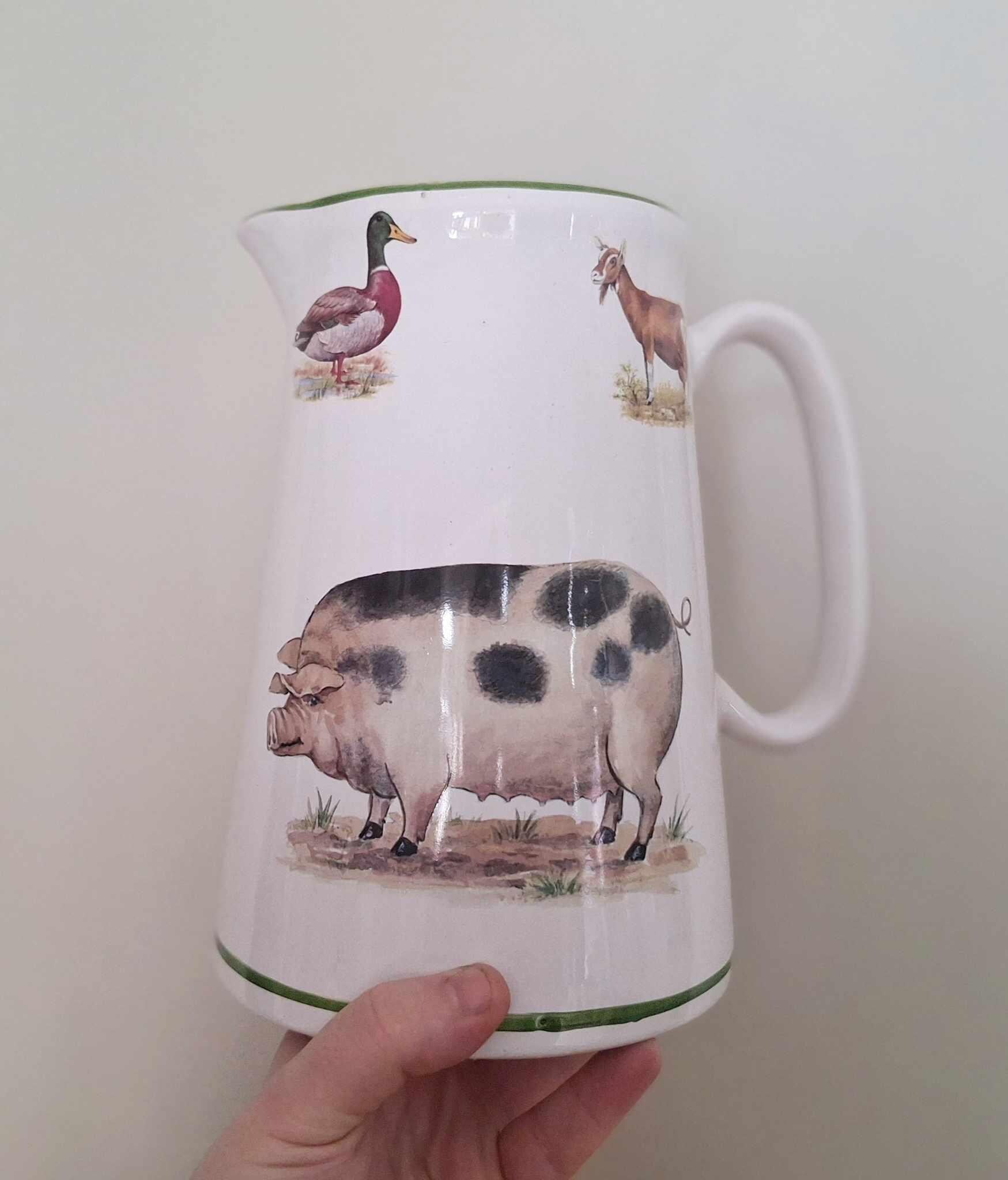Large Farm Animal Jug with Pig, Duck & Goat Illustration  Rustic Country Kitchenware, Vintage-Style Ceramic Pitcher