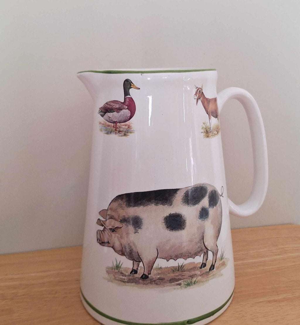 Large Farm Animal Jug with Pig, Duck & Goat Illustration  Rustic Country Kitchenware, Vintage-Style Ceramic Pitcher