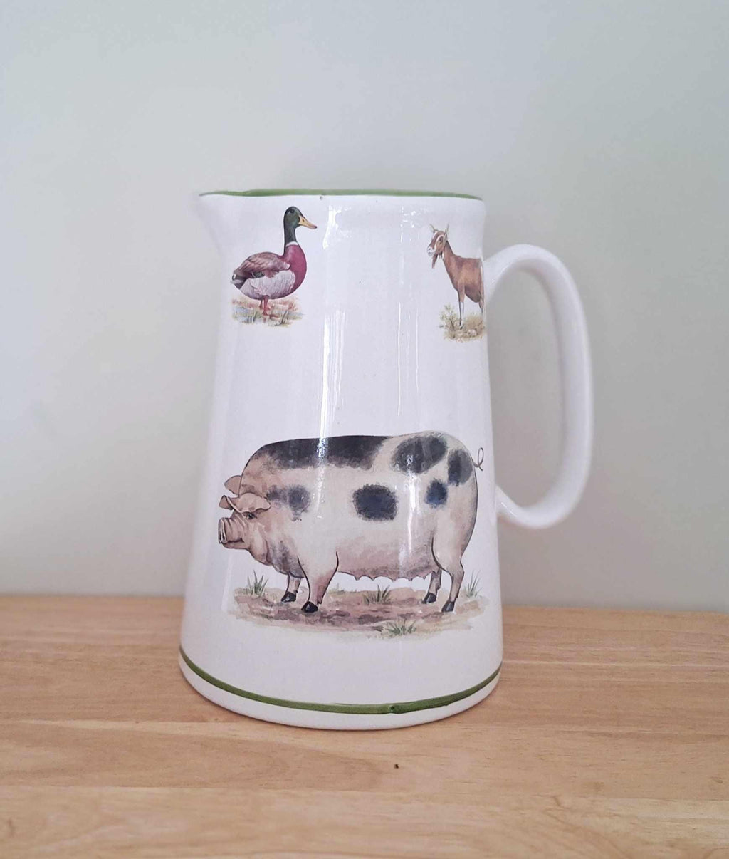 Large Farm Animal Jug with Pig, Duck & Goat Illustration  Rustic Country Kitchenware, Vintage-Style Ceramic Pitcher