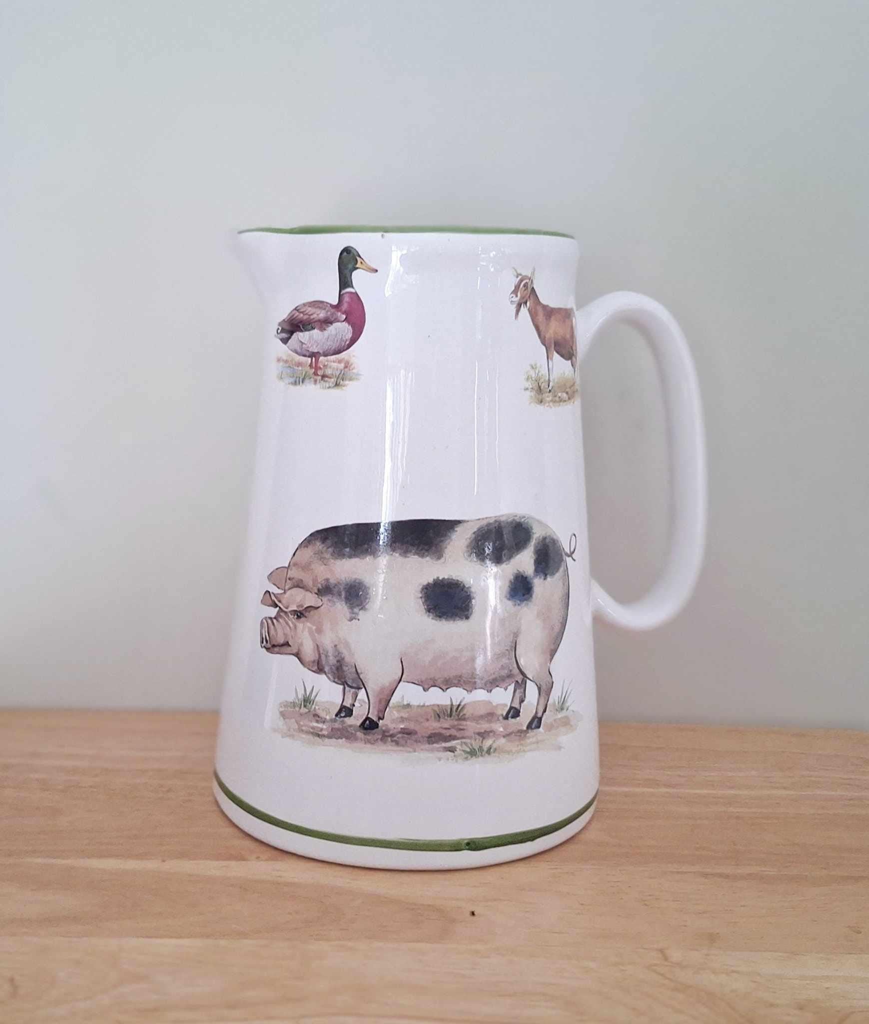 Large Farm Animal Jug with Pig, Duck & Goat Illustration  Rustic Country Kitchenware, Vintage-Style Ceramic Pitcher