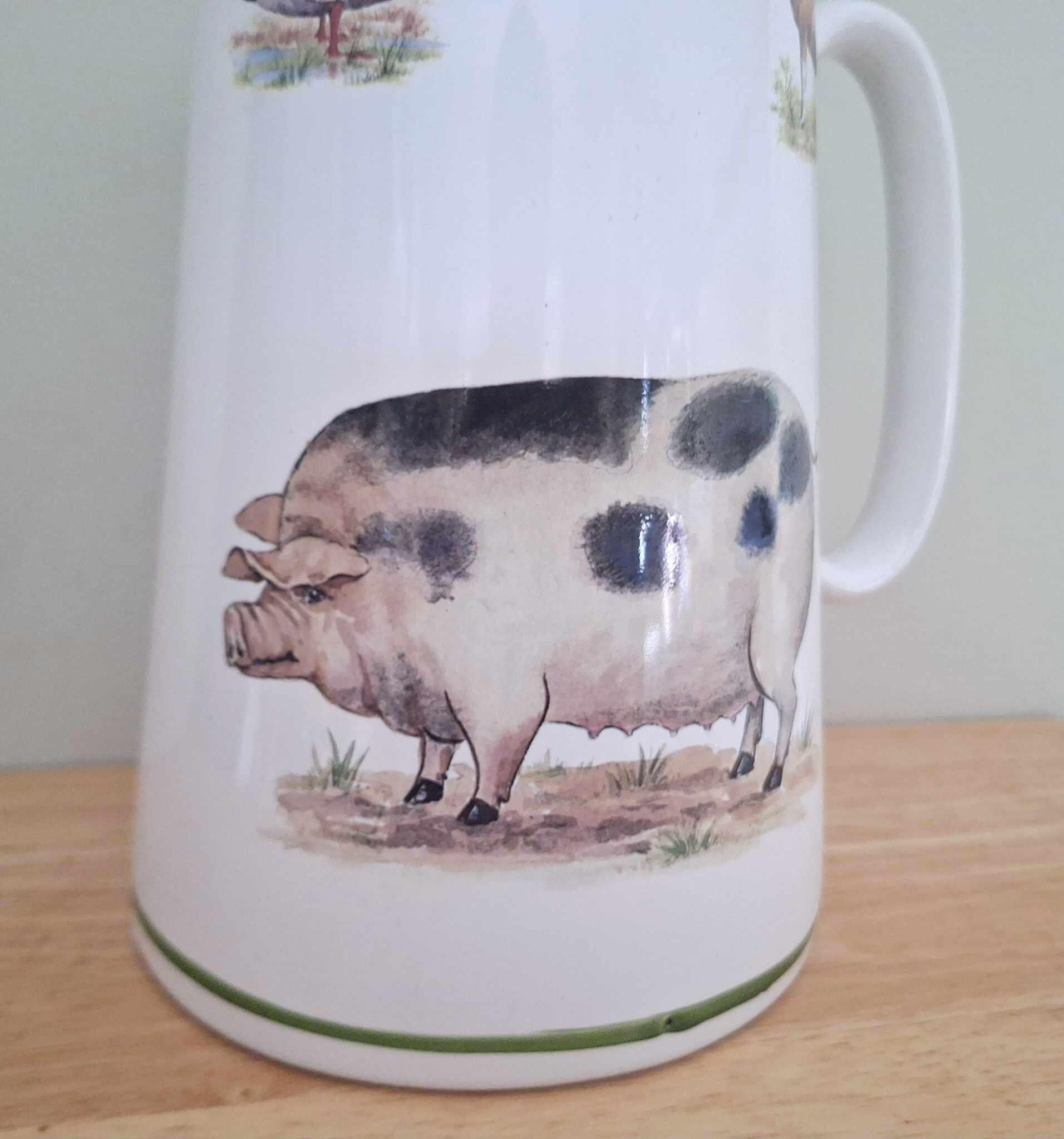 Large Farm Animal Jug with Pig, Duck & Goat Illustration  Rustic Country Kitchenware, Vintage-Style Ceramic Pitcher