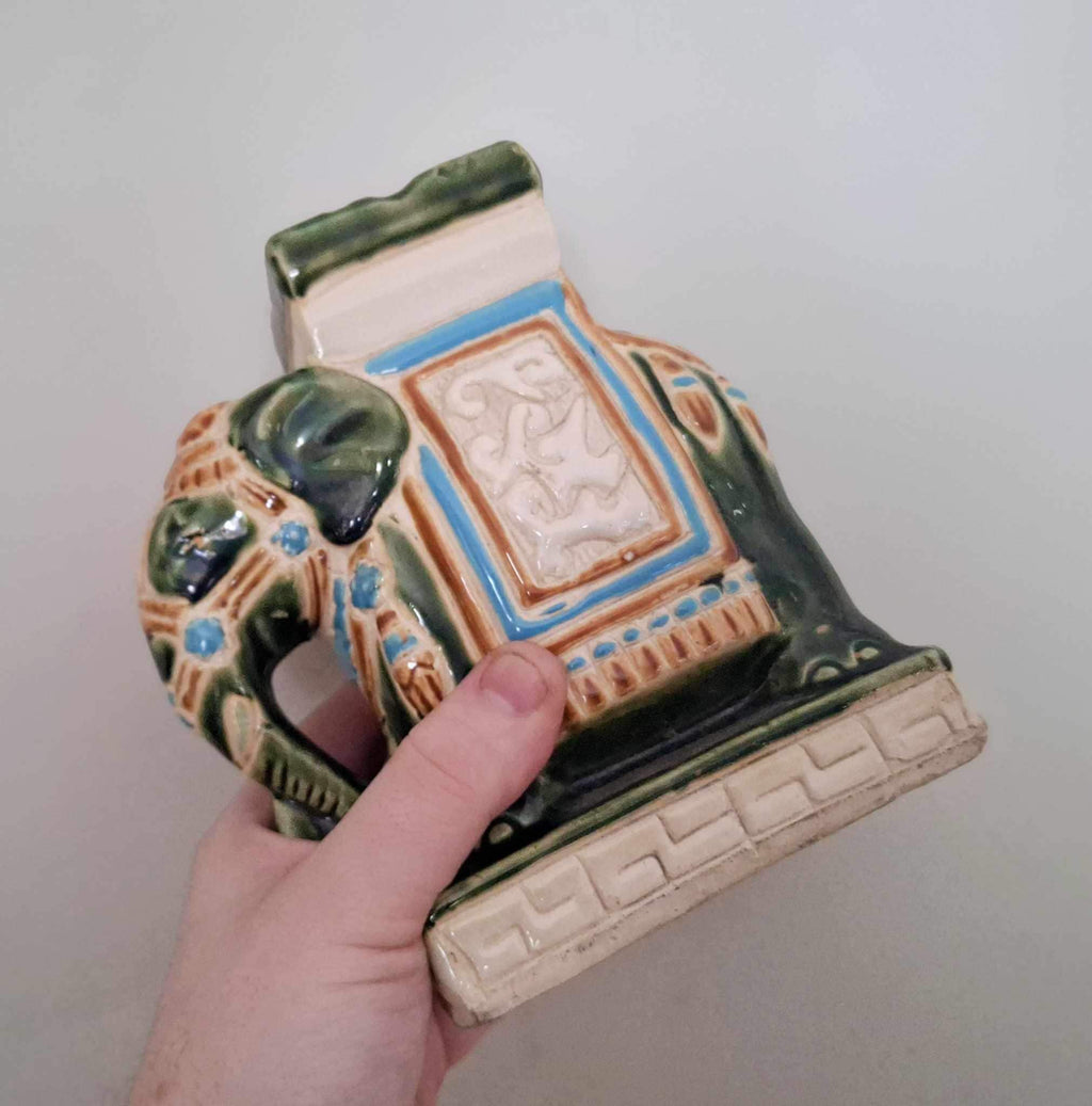 Indian Elephant Statue Plant Pot Stand Sculpture Figurine Pottery Ceramic Elephant Décor Ornament Ivory Green Floor Standing Plant Pot Stand