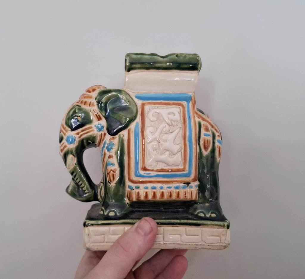 Indian Elephant Statue Plant Pot Stand Sculpture Figurine Pottery Ceramic Elephant Décor Ornament Ivory Green Floor Standing Plant Pot Stand