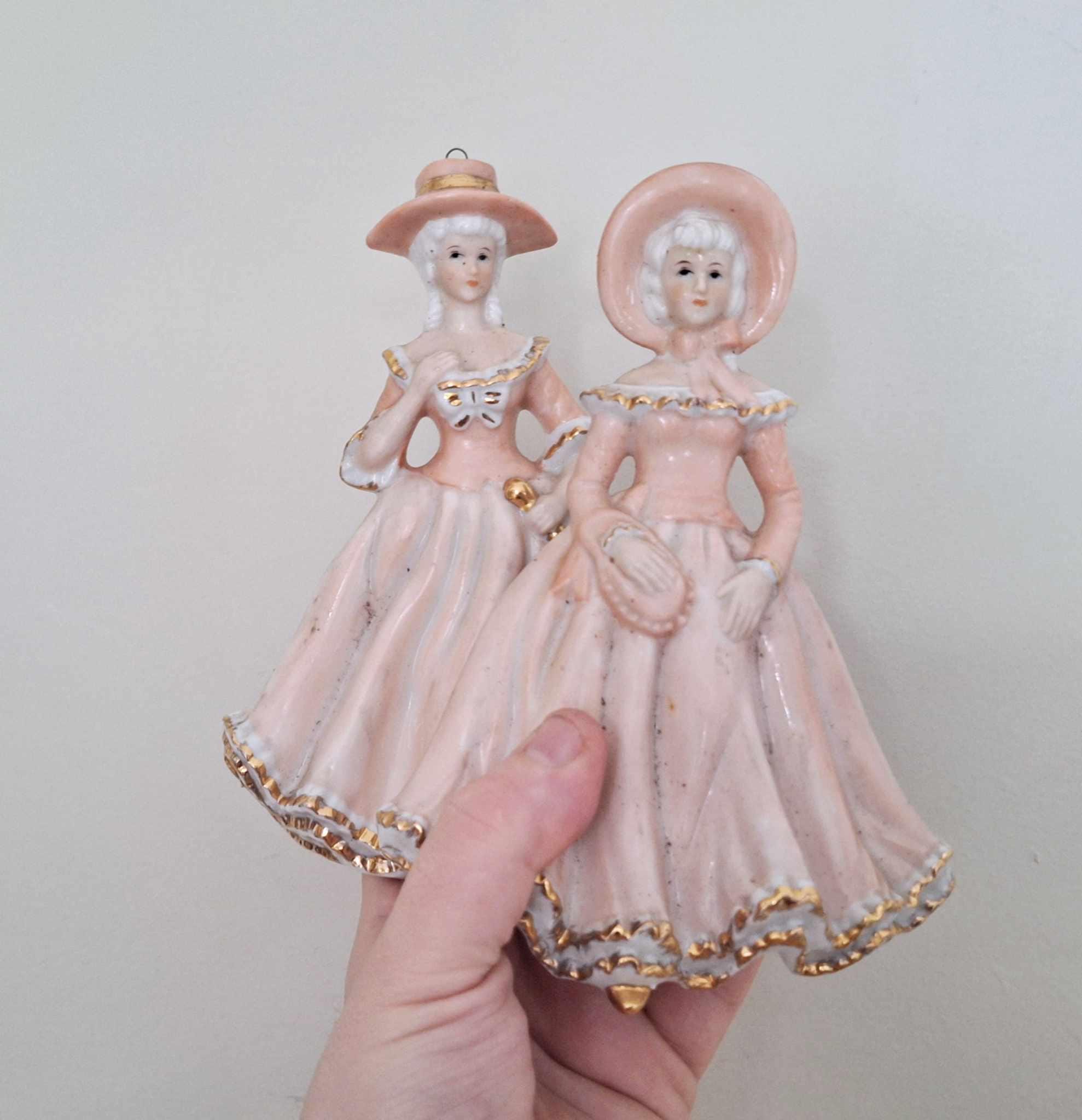 Vintage Ceramic Wall Plaques  Victorian Ladies in Gowns, Pink & Gold, Hanging Ornaments, Retro Cottagecore Decor, Pair of 2