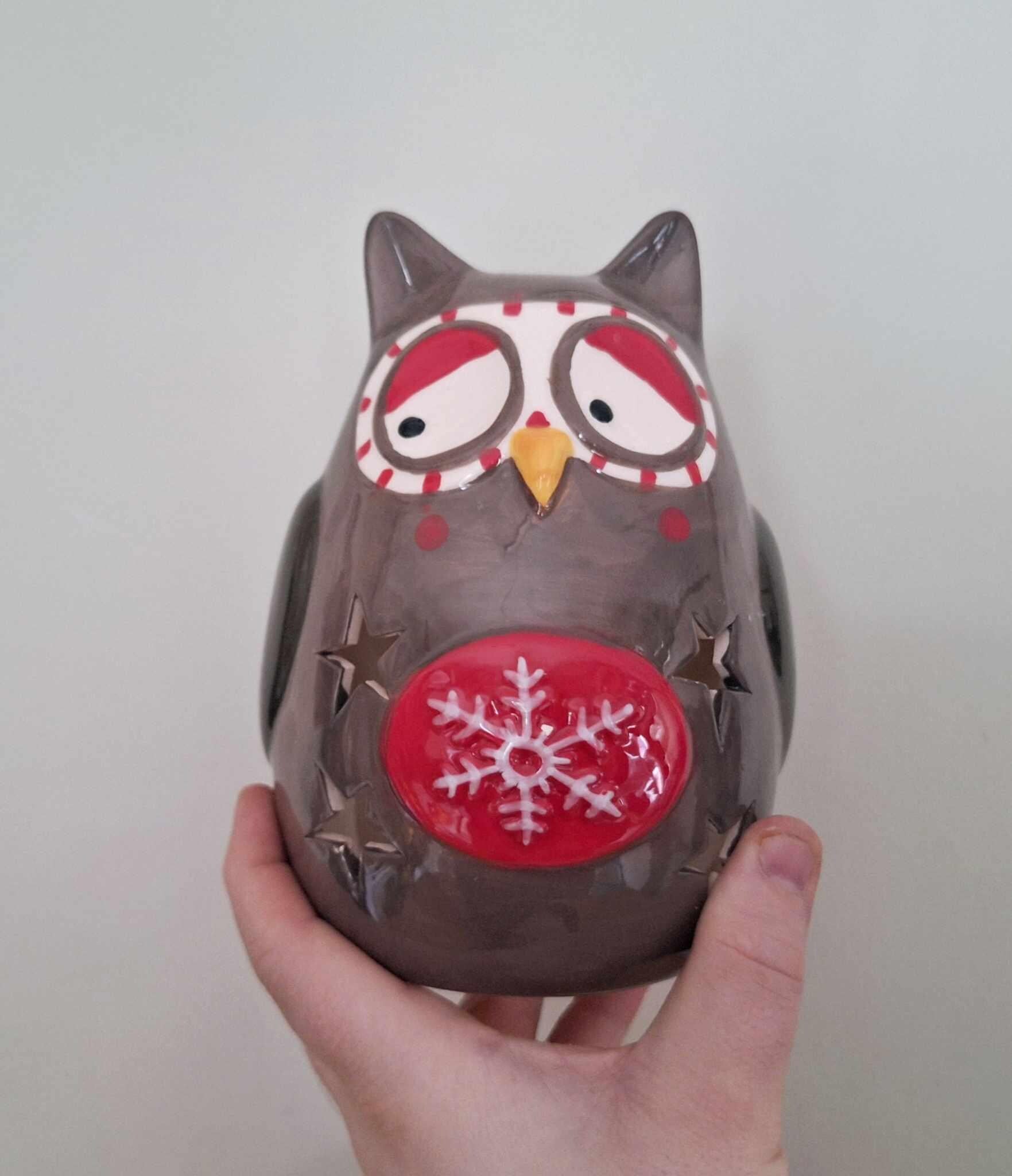 Ceramic Owl Candle Holder Vintage Owl Pottery Ceramic Figurine Candle Burner Tea Light Holder Wax Owl Tea Light Décor Owl Red Snowflake Star