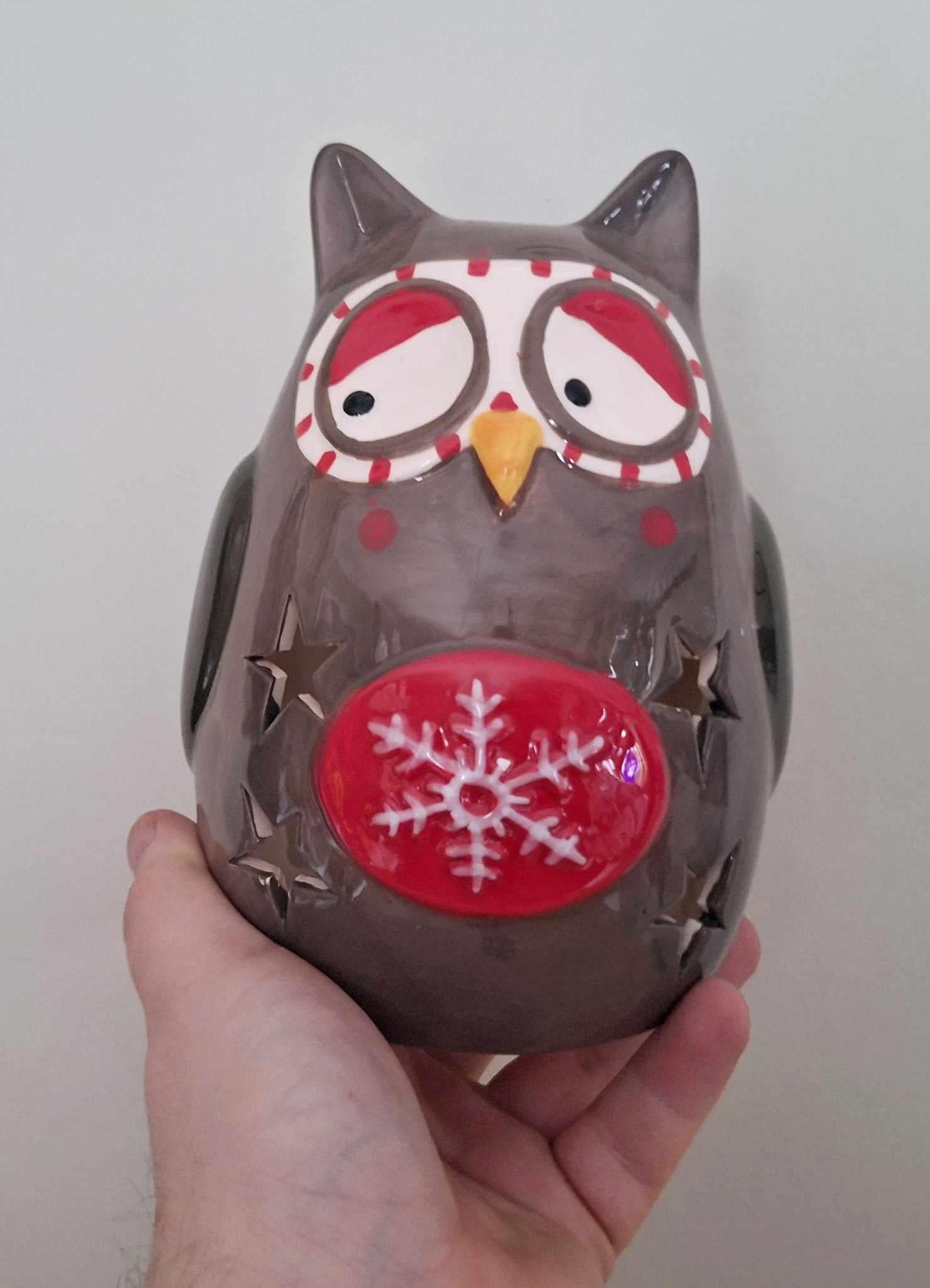 Ceramic Owl Candle Holder Vintage Owl Pottery Ceramic Figurine Candle Burner Tea Light Holder Wax Owl Tea Light Décor Owl Red Snowflake Star