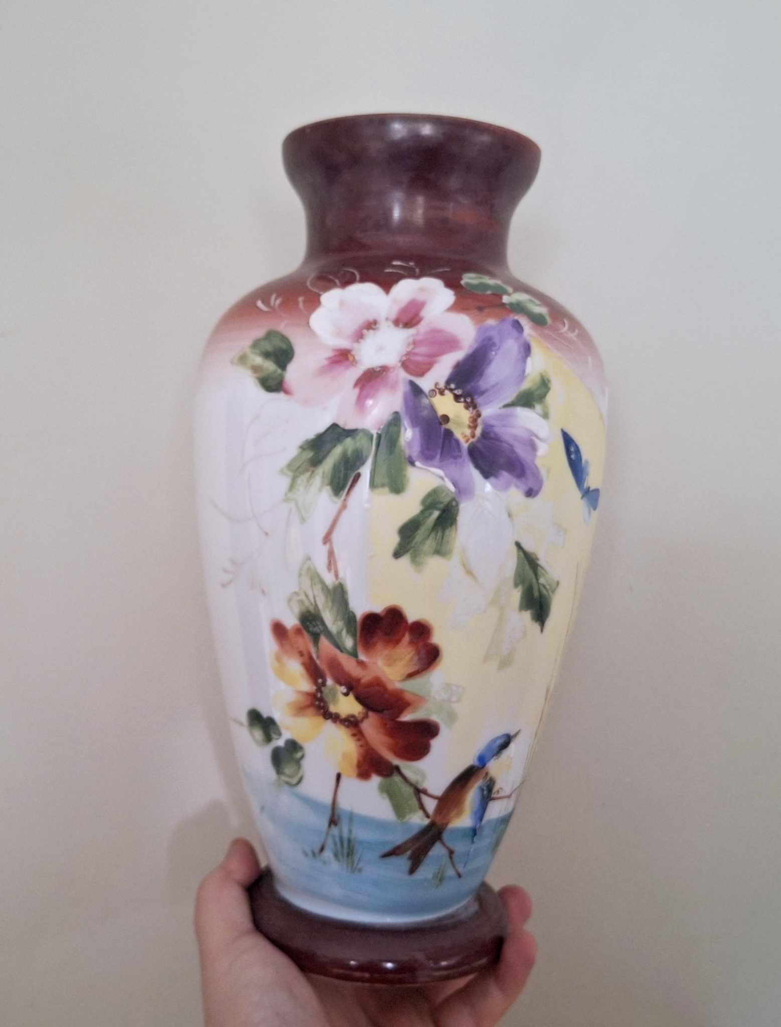Tall Hand Painted Ceramic Vase with Bird and Floral Motif  Colourful Ornamental Display Piece, Vintage-Style Home Decor
