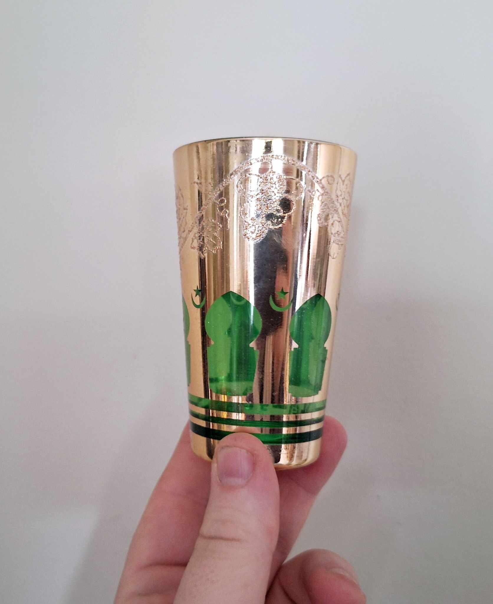 Vintage Gold Green Moroccan Style Tea Glasses  Set of 6, Metallic with Islamic Motif, Retro Boho Decor, Eid Ramadan Gift Idea