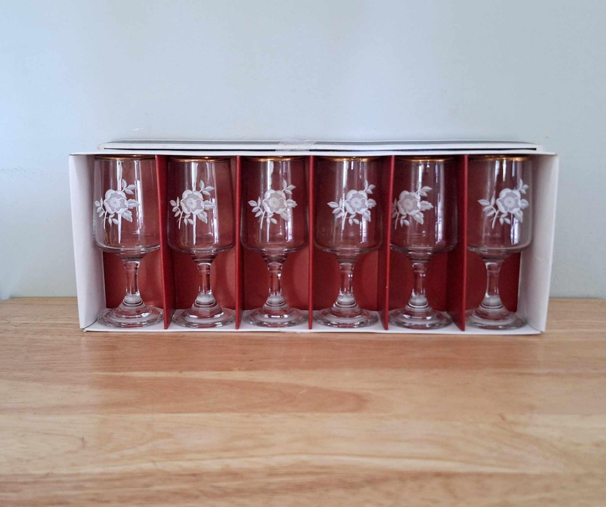 Vintage Etched Rose Wine Glasses with Gold Rim  Set of 6 in Box, Elegant Floral Stemware, Romantic Barware, Wedding Glasses