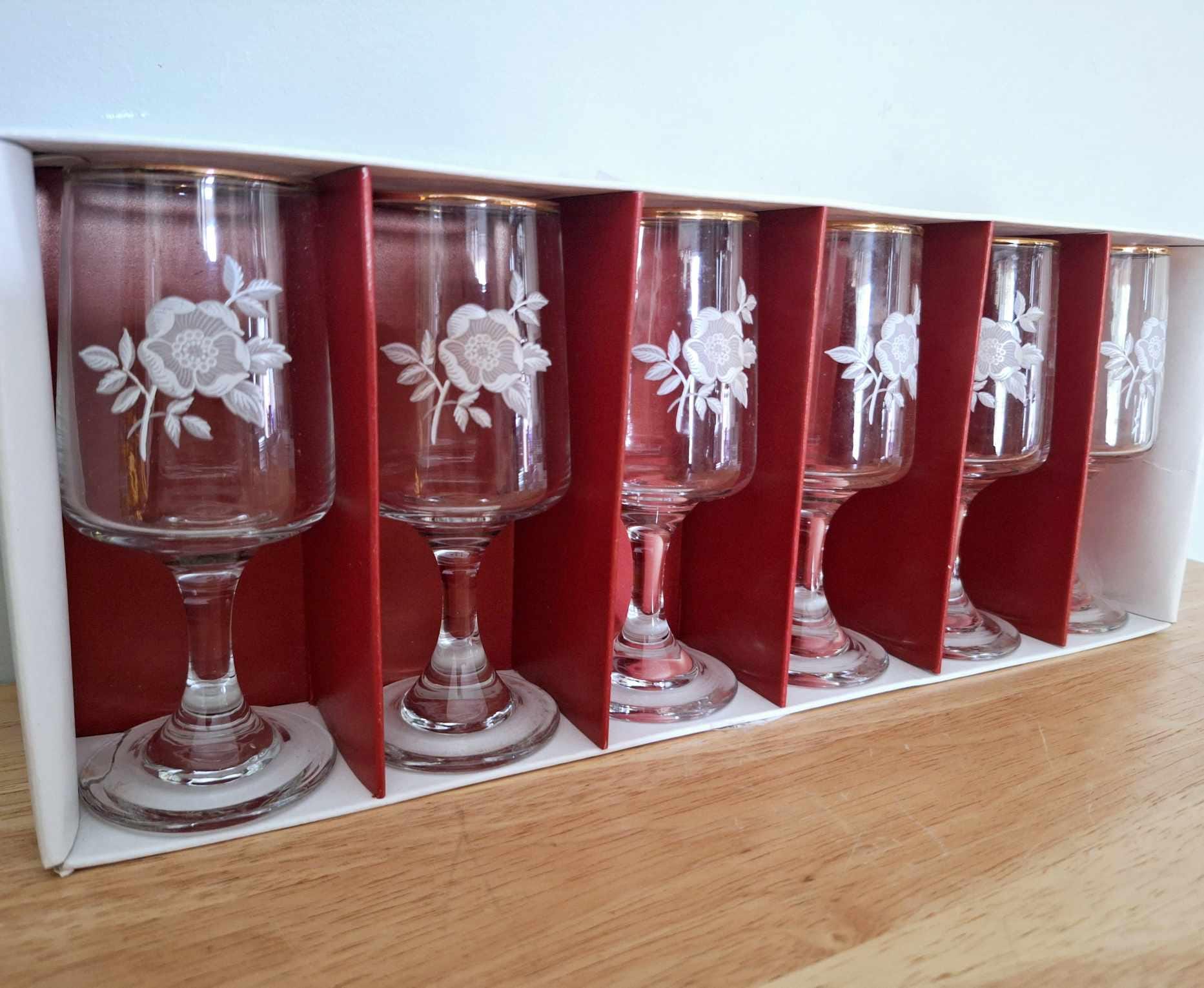 Vintage Etched Rose Wine Glasses with Gold Rim  Set of 6 in Box, Elegant Floral Stemware, Romantic Barware, Wedding Glasses