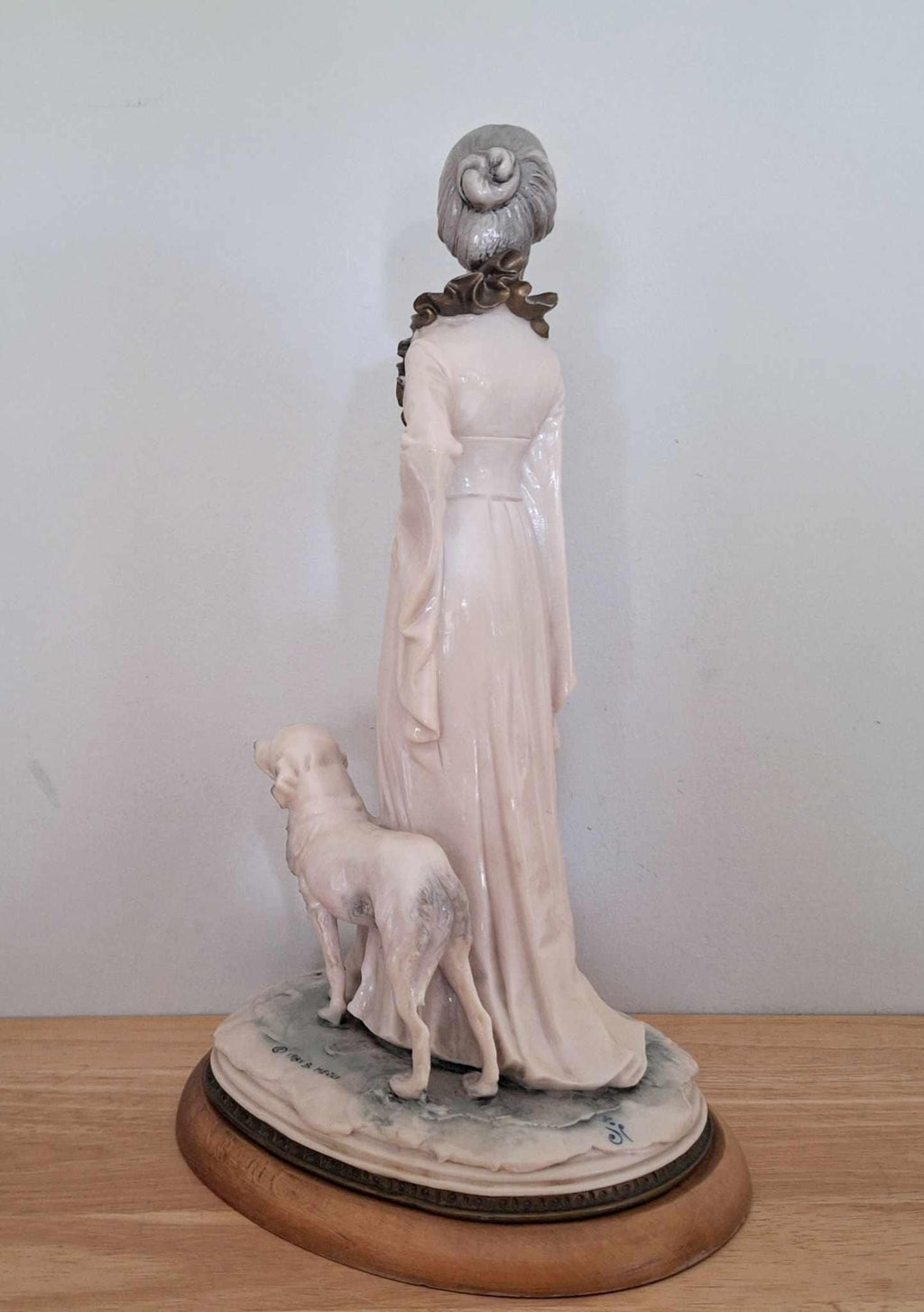 Vintage B. Merli Lady Figurine with Dog  Capodimonte Style Resin & Porcelain Mix  Signed, Elegant 18th Century Style  13" Tall