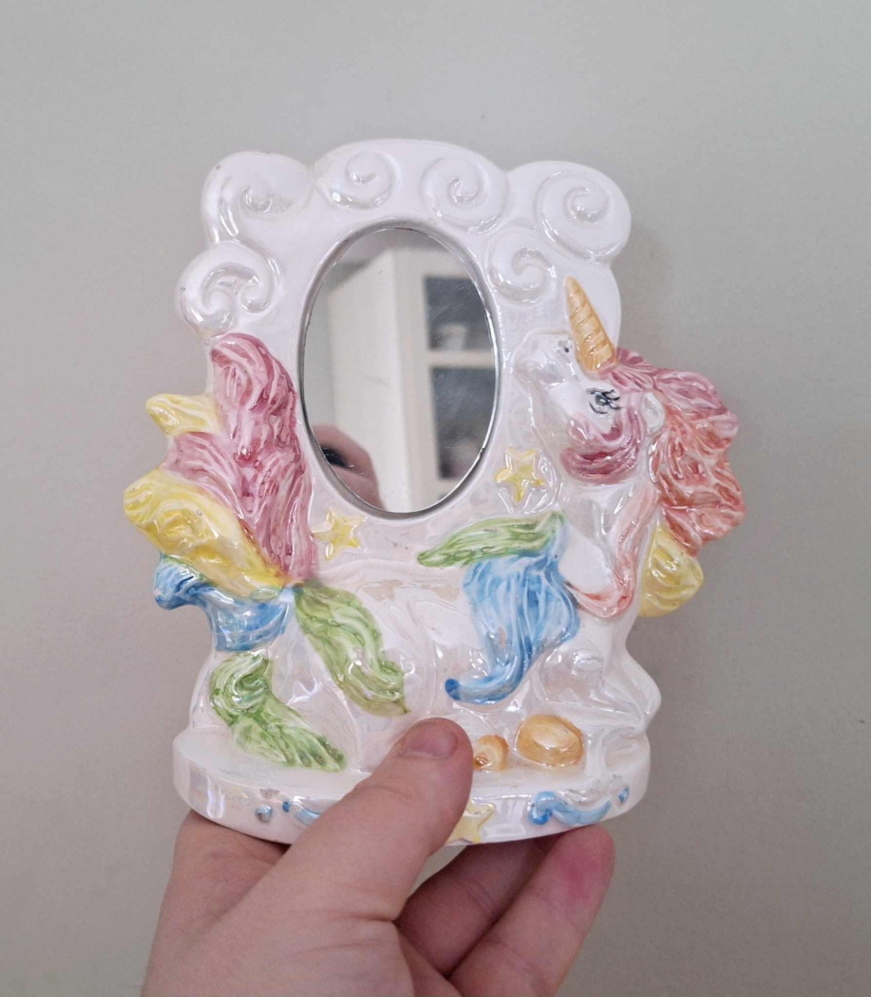 Vintage Iridescent Ceramic Unicorn Mirror  Hand-Painted Pastel Rainbow  Kitsch Decor  1980s/90s Style Fantasy Gift