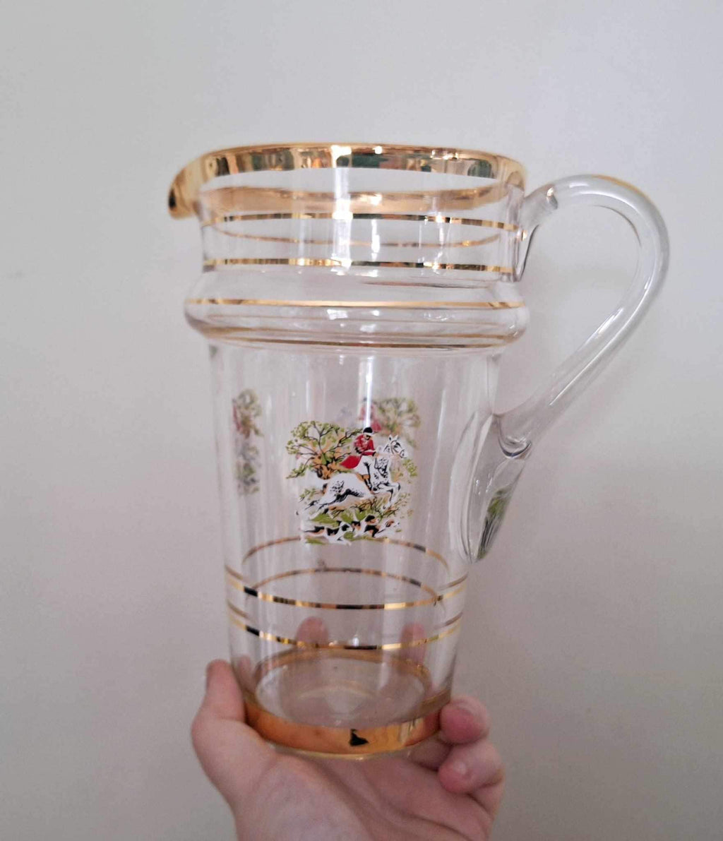 Vintage Glass Jug with Gold Rim and Fox Hunting Scene  Clear Glass Pitcher with Handle, Traditional British Country Style, 1L
