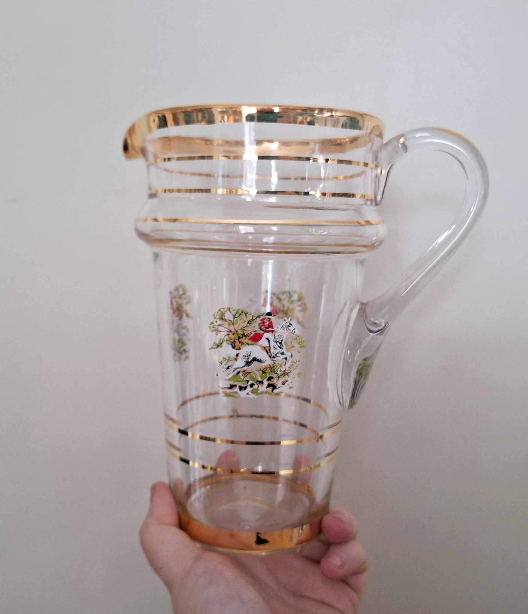 Vintage Glass Jug with Gold Rim and Fox Hunting Scene  Clear Glass Pitcher with Handle, Traditional British Country Style, 1L