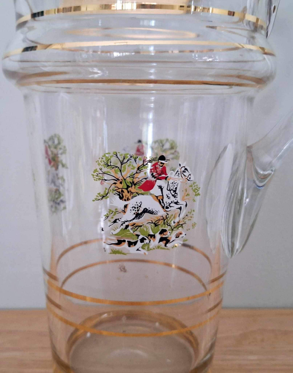 Vintage Glass Jug with Gold Rim and Fox Hunting Scene  Clear Glass Pitcher with Handle, Traditional British Country Style, 1L