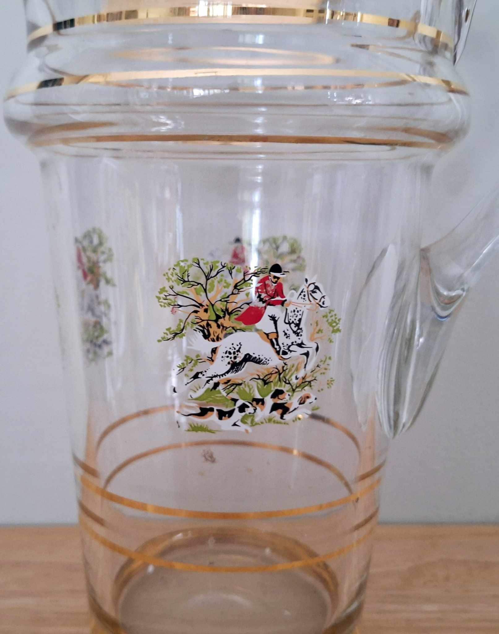 Vintage Glass Jug with Gold Rim and Fox Hunting Scene  Clear Glass Pitcher with Handle, Traditional British Country Style, 1L