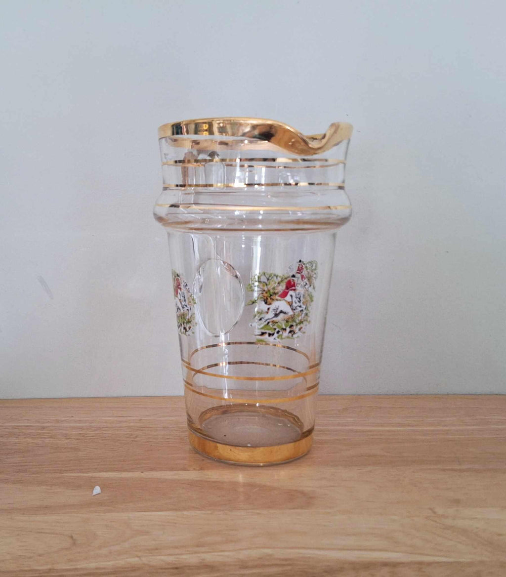 Vintage Glass Jug with Gold Rim and Fox Hunting Scene  Clear Glass Pitcher with Handle, Traditional British Country Style, 1L